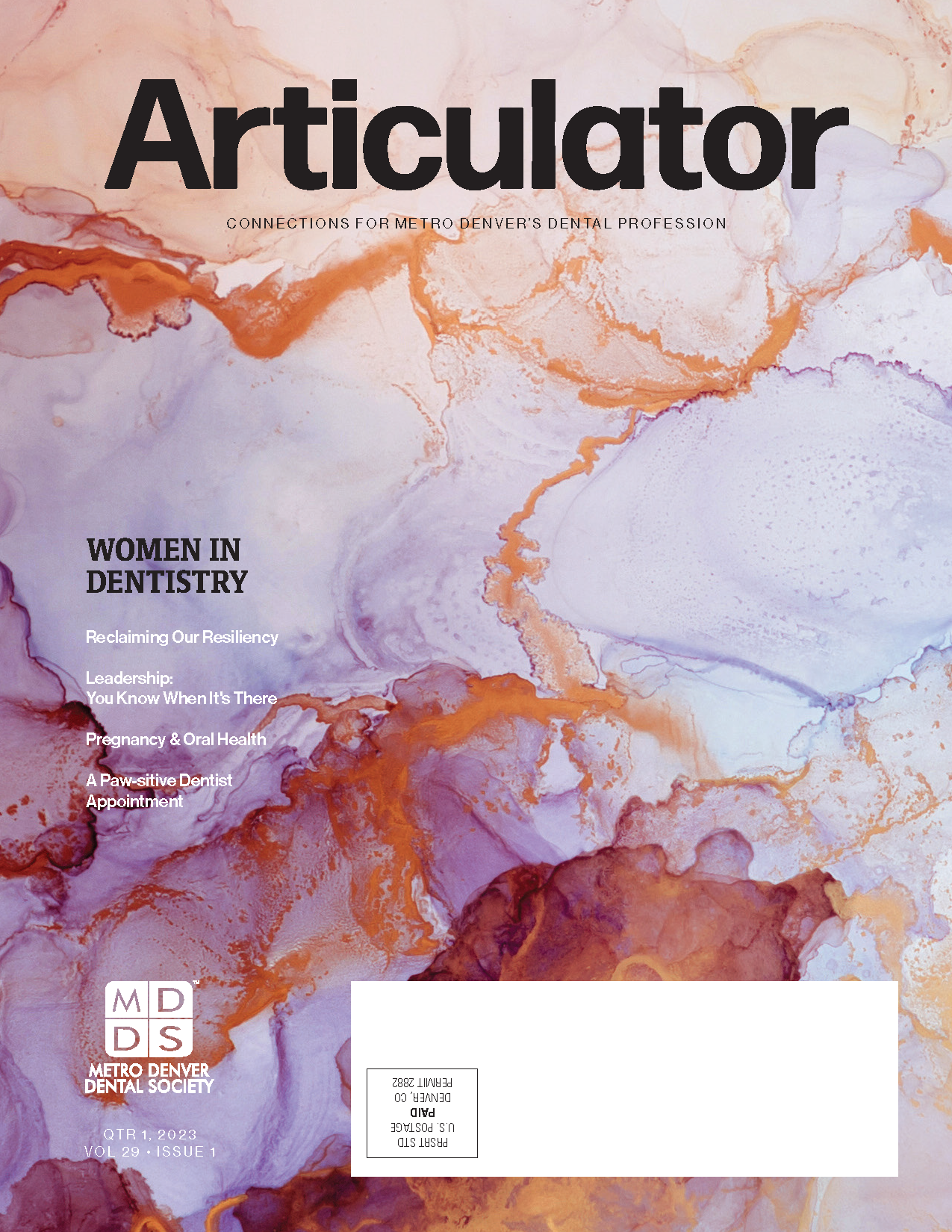 Cover of the Metro Denver Dental Society's Articulator magazine with purple and orange marble effect across the entire cover.