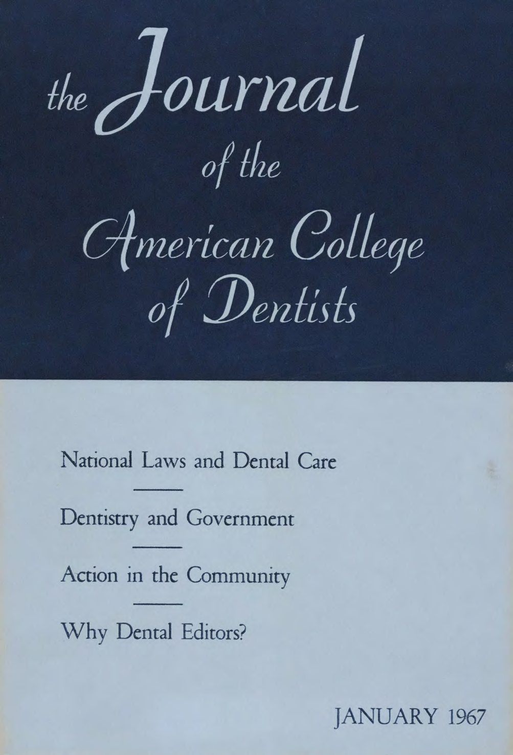 Blue JACD cover. The top half is dark blue with the journal title. The bottom half is light blue with featured headlines.