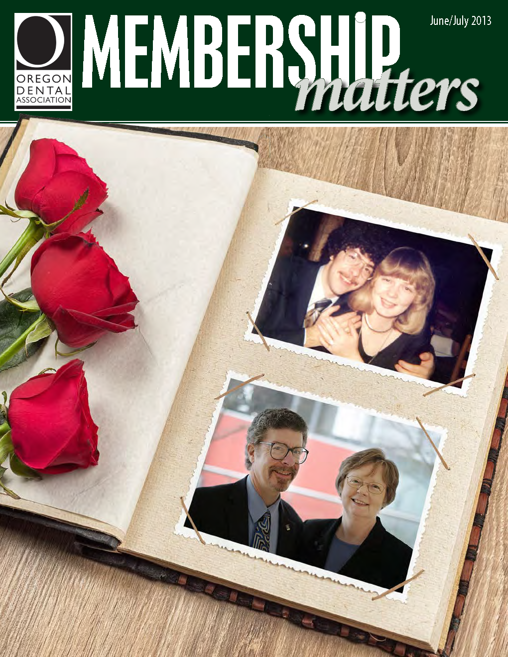 Image of a photo album with two photos of the same couple at different ages