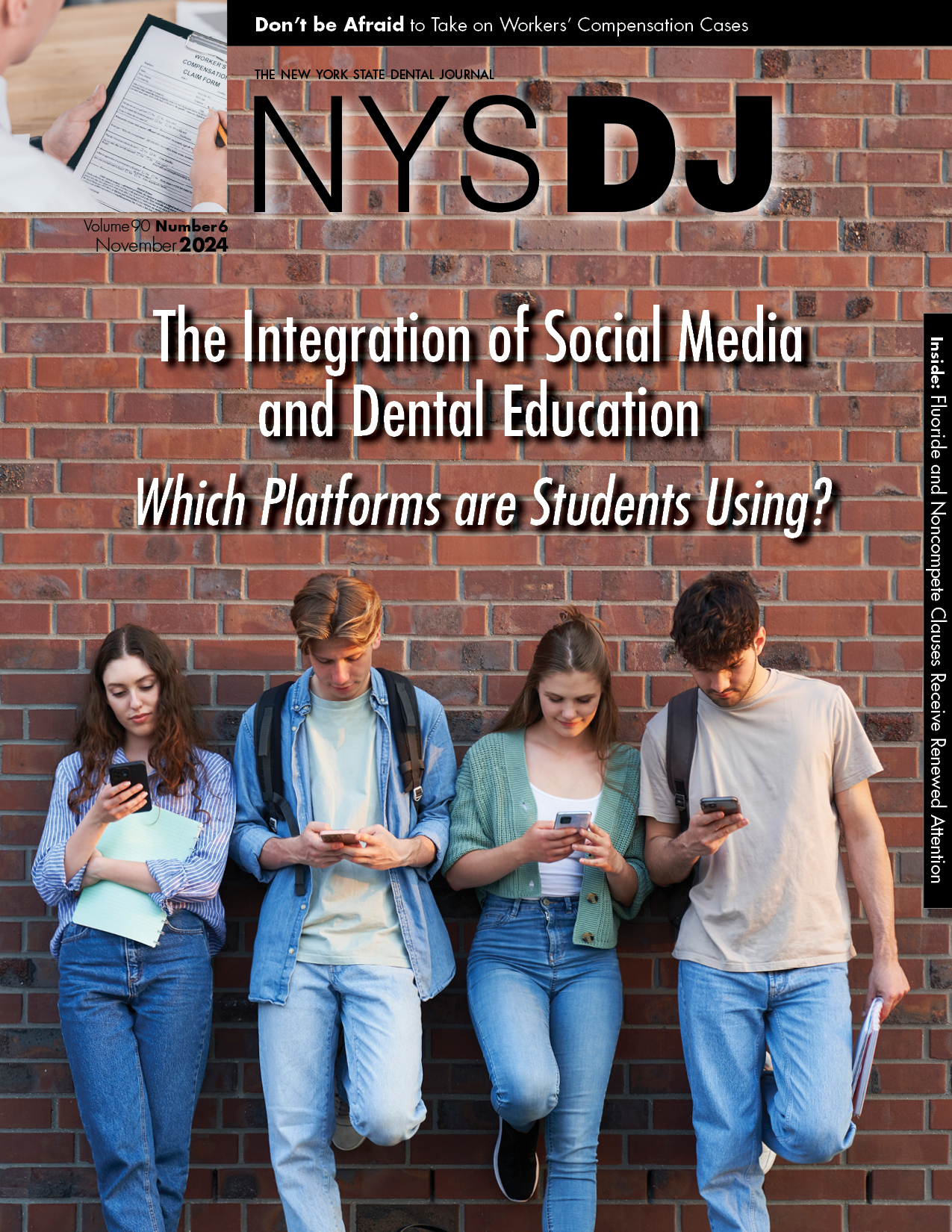 NYSDJ cover with four people leaning against a brick wall looking at their phones