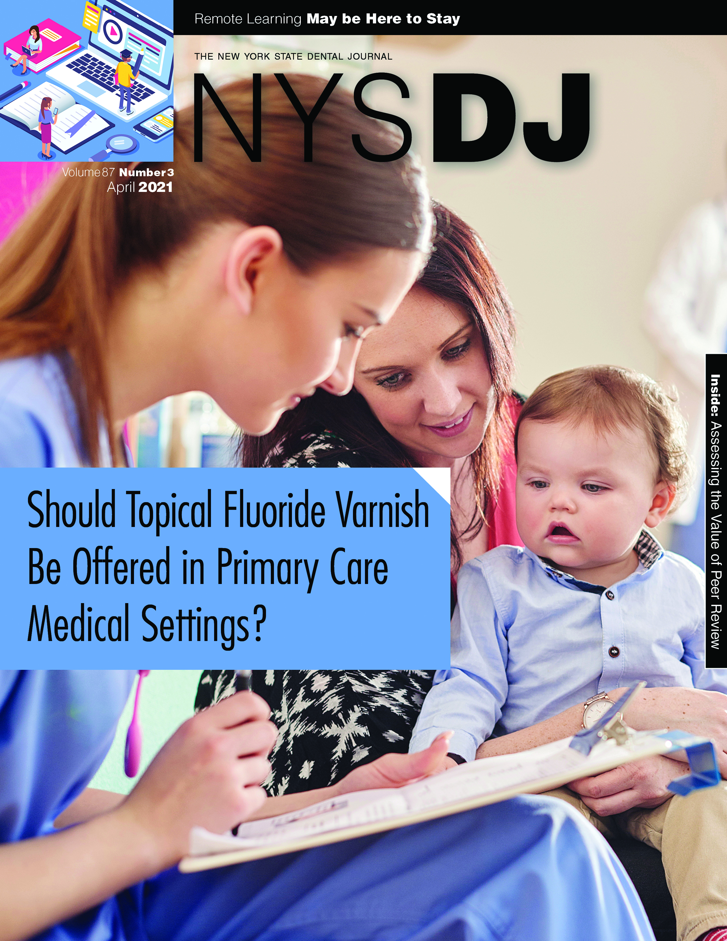 Cover of the NYSDJ with a baby looking at a clipboard in a dental office