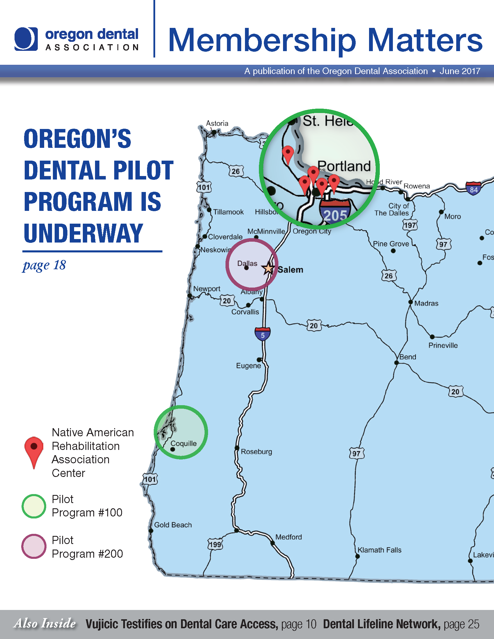 Image of a map of western Oregon, displaying areas piloting a dental program including Portland, Dallas and Coquille.