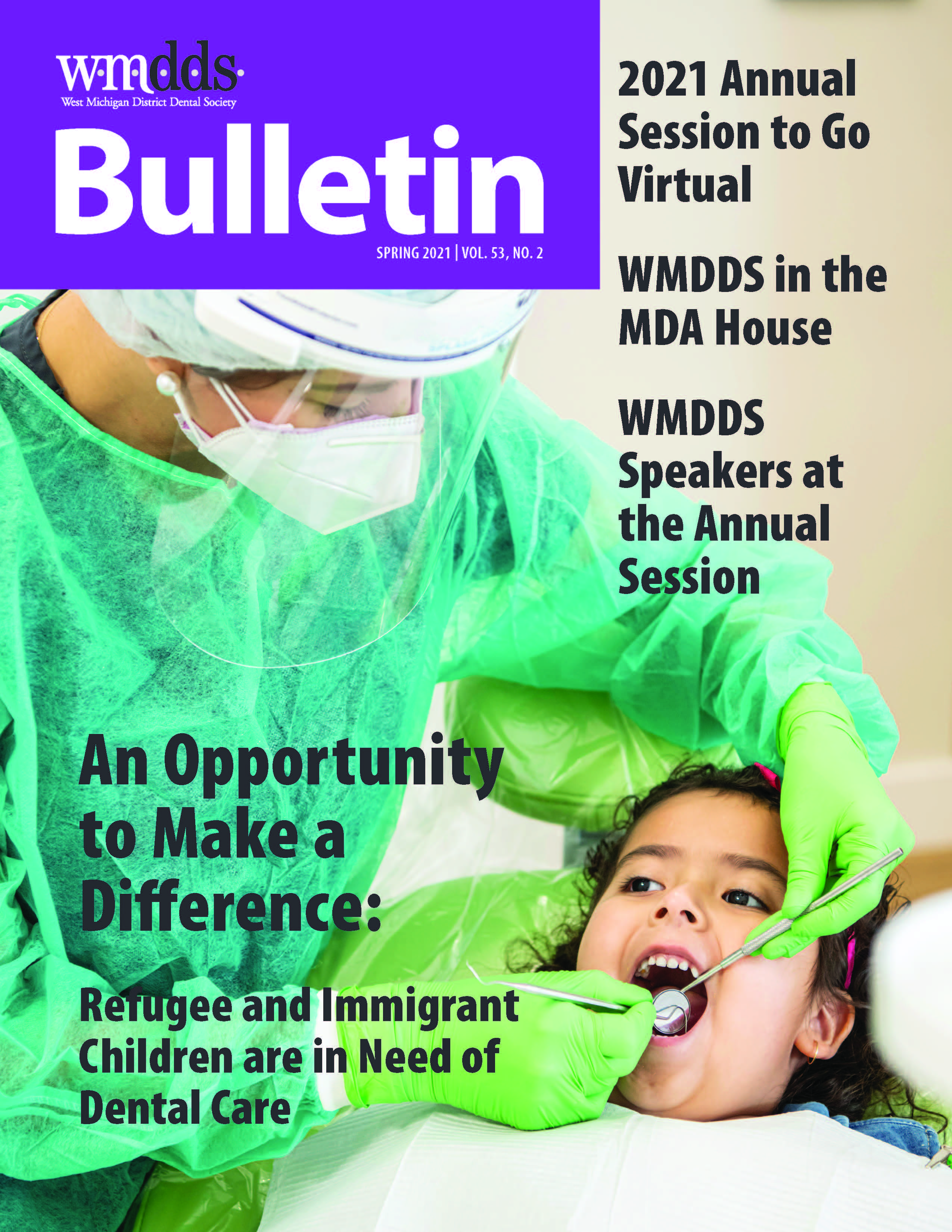 Cover of the WMDDS Bulletin with a photo of a dentist in full PPE giving an exam to a very young child