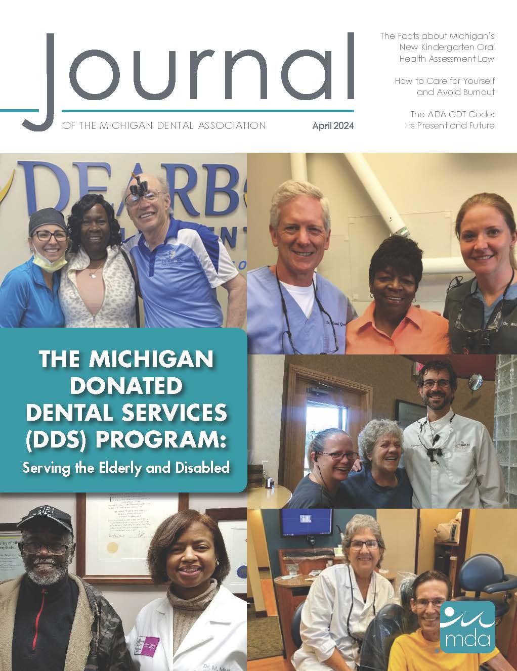 Cover of the Journal of the Michigan Dental Association featuring multiple photos of dentists posing with elderly patients.