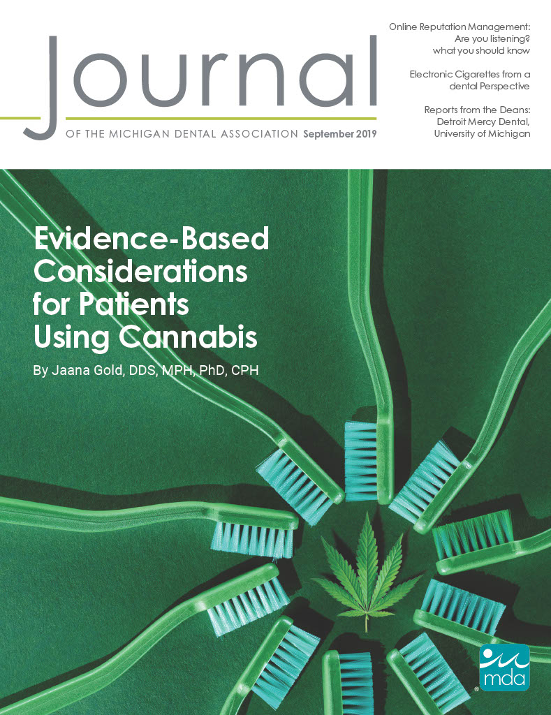 Cover of the Journal of the Michigan Dental Association with toothbrushes placed in a circle, their heads pointing inwards towards a cannabis leaf.