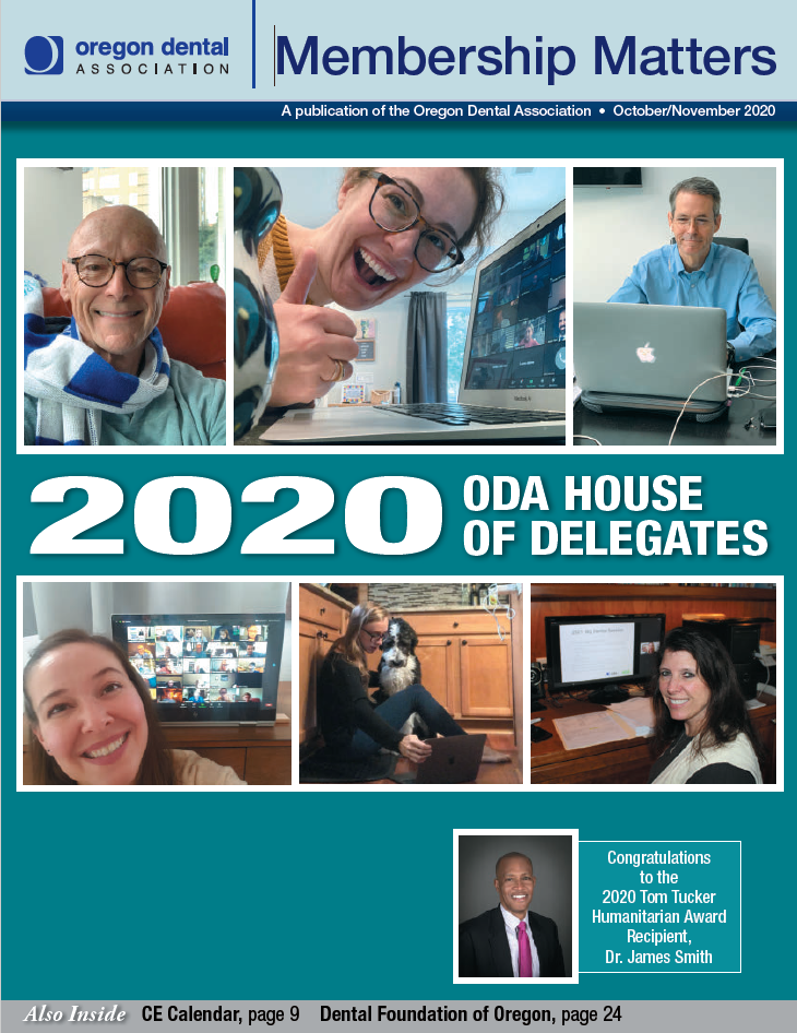 Collage of images from virtual attendees at the ODA House of Delegates each sitting in front of their computers due to trhe COVID-19 pandemic preventing in-person attendence.