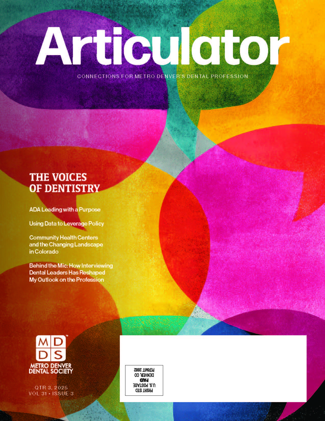 Cover art of the Metro Denver Dental Society's Articulator Magazine. There are colorful word bubbles conveying the theme,
