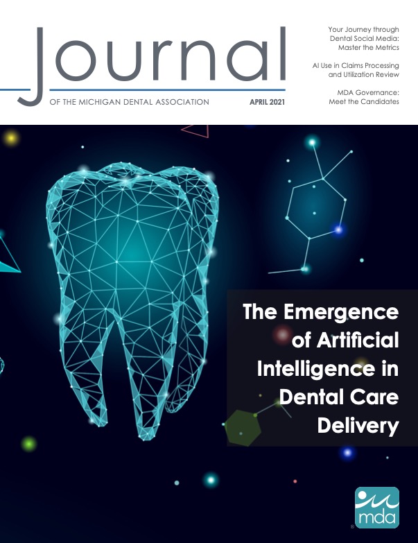 Cover of the Journal of the Michigan Dental Association with an illustration of a polyhedral tooth on an outer space-like background.