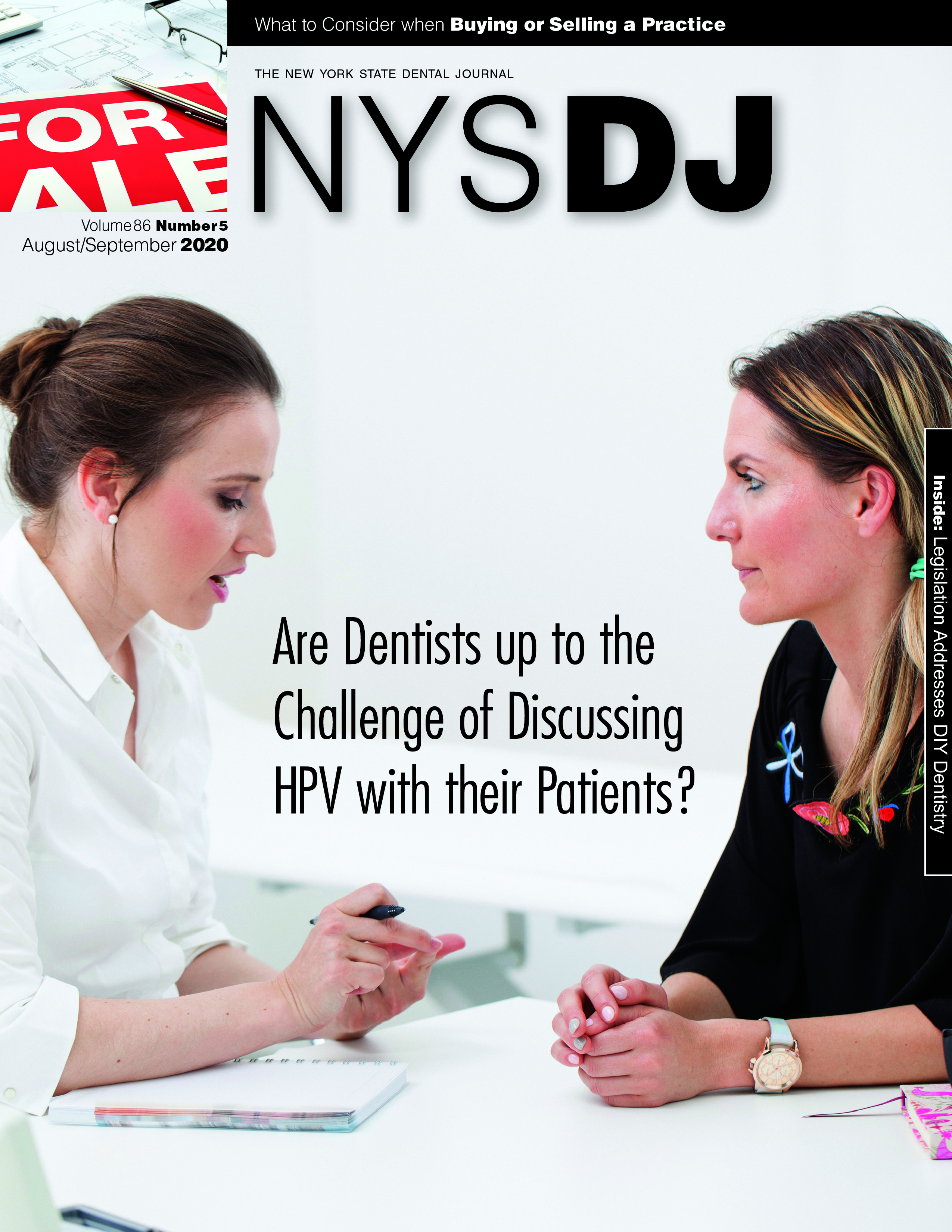 Cover of the NYSDJ with two people sitting at a table talking. One is in a white coat