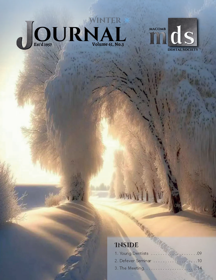 Cover of Journal of Macomb Dental Society with a narrow country road covered in untouched snow with trees along the lane also coated in snow and frost.