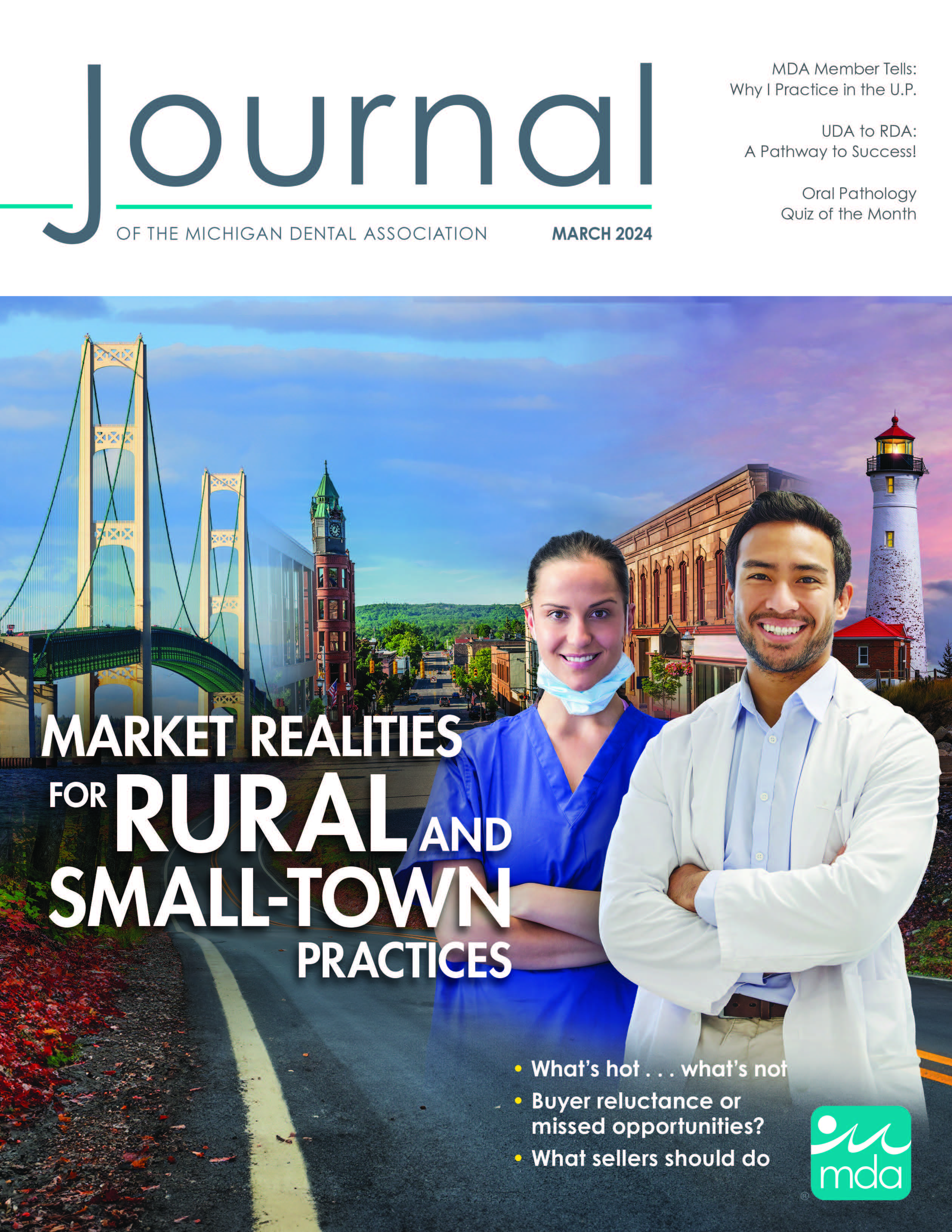 Cover of the Journal of the Michigan Dental Association with two smiling dentists in front of a variety of urban and rural landscapes