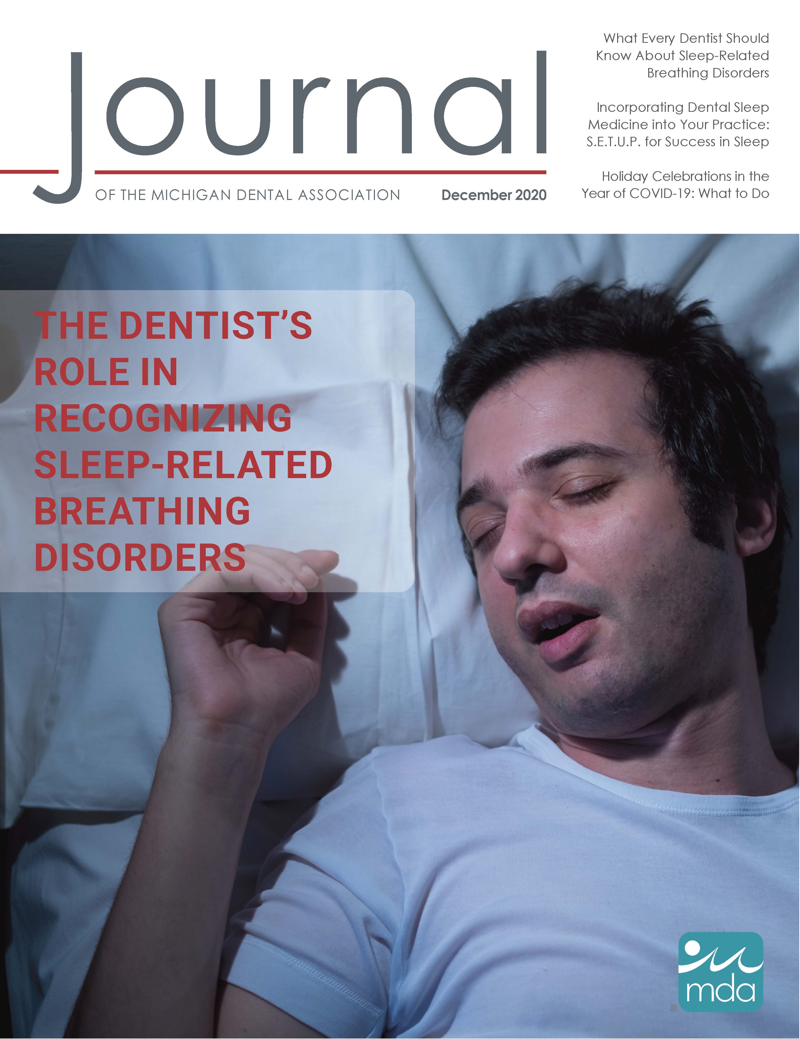 Cover of the Journal of the Michigan Dental Association with a person sleeping on their back with their mouth open.