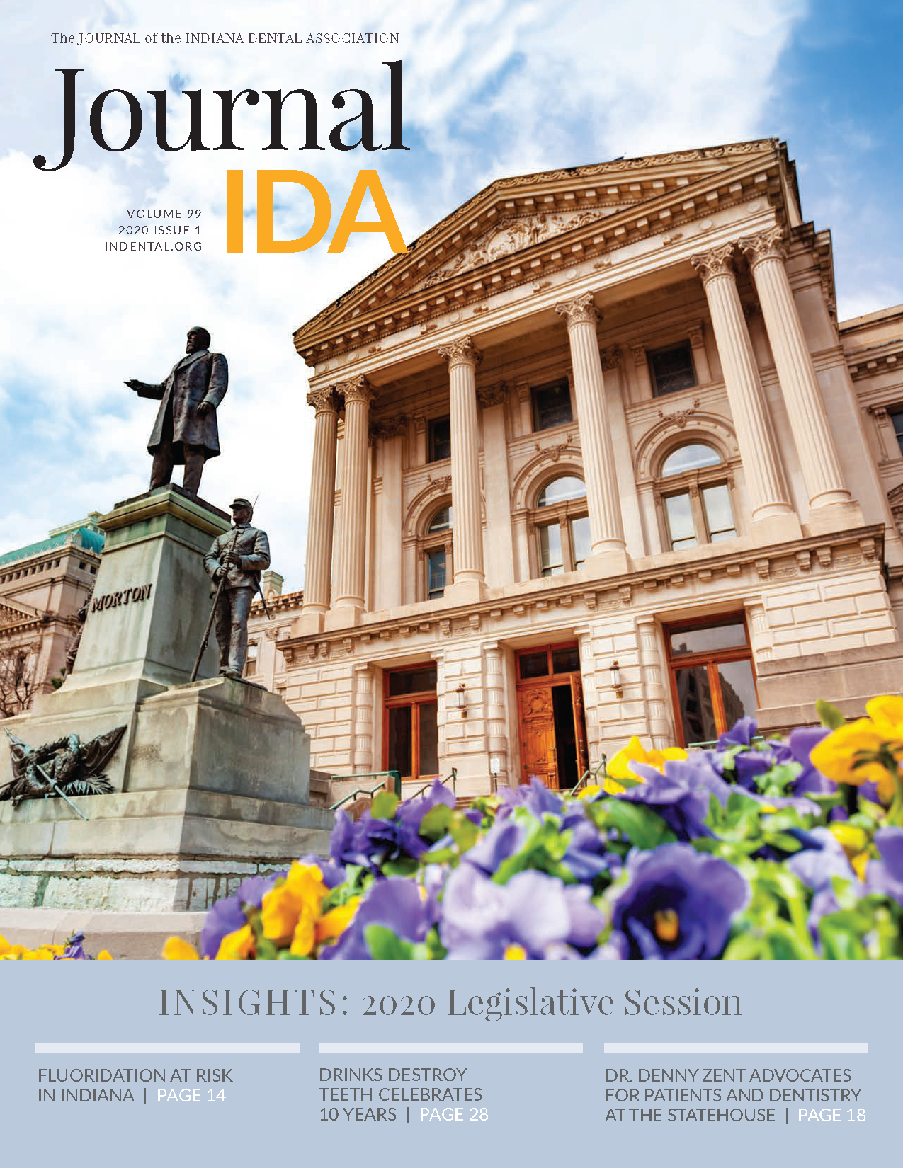 Photograph of the front entrance to the Indiana statehouse with a statue of Oliver Morton, governor during the Civil War.