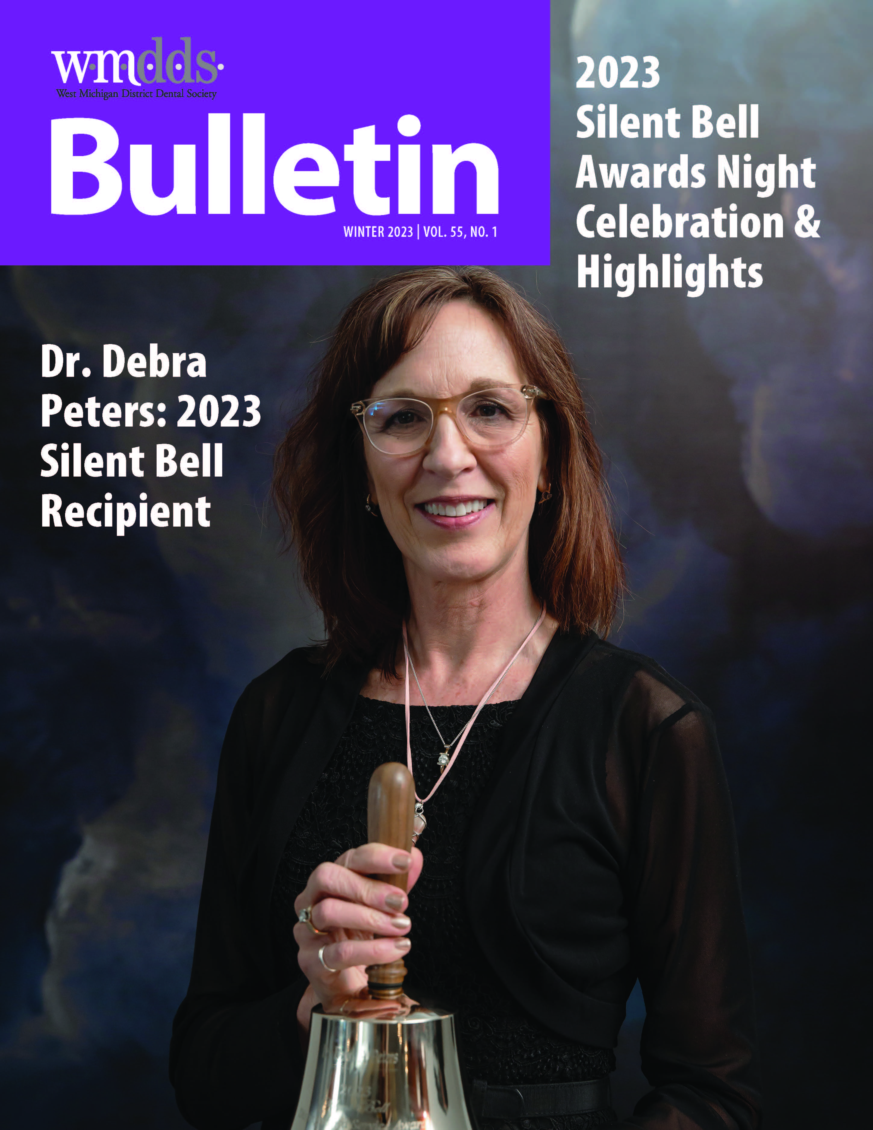 Cover of the WMDDS Bulletin with a photo of Dr. Debra Peters holding a handbell.