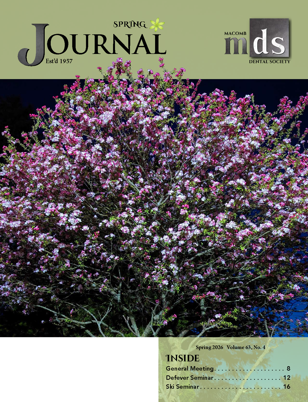 Cover of Journal of Macomb Dental Society with a photo of a redbud tree teeming with blossoms