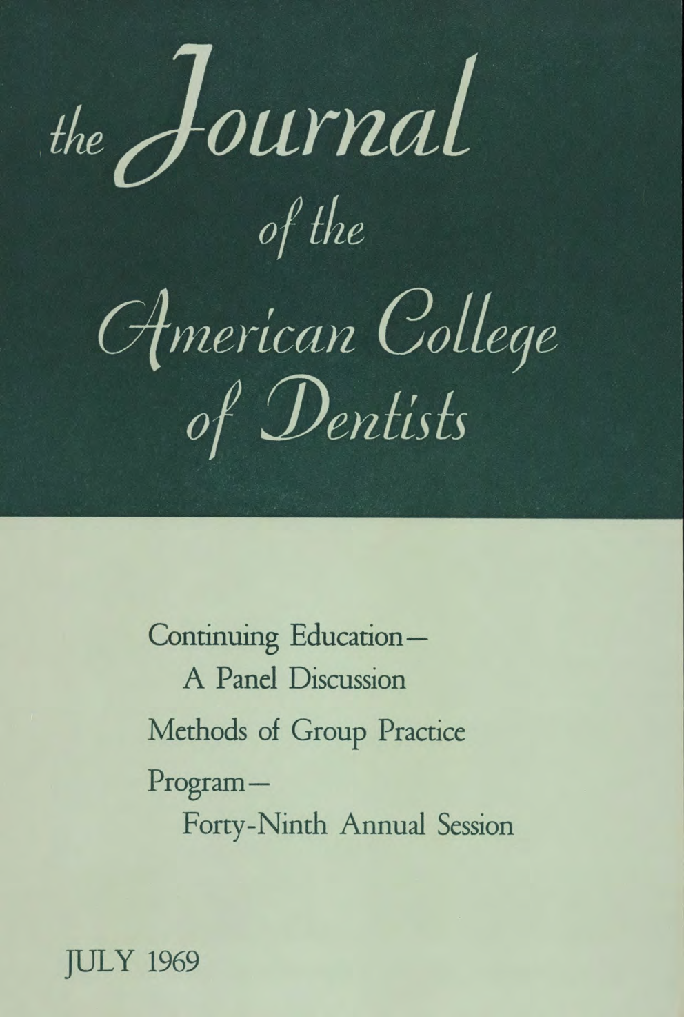 Green JACD cover. The top half is dark green with the journal title. The bottom half is light green with featured headlines.