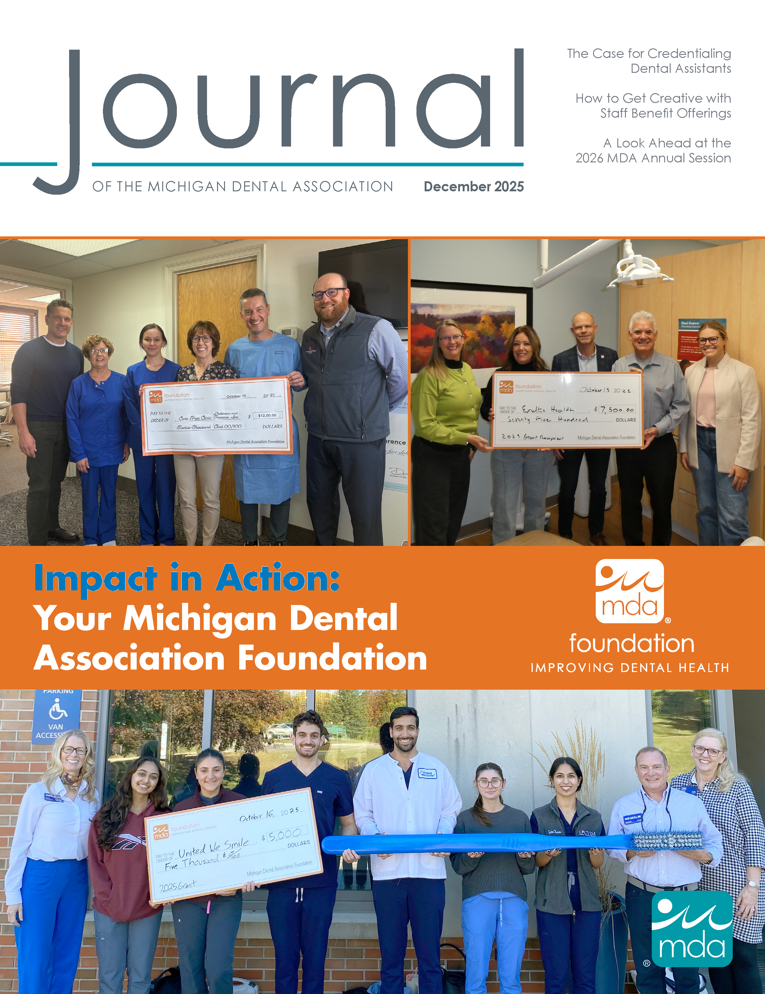 Three photos of different dental offices' staff standing with an oversized check and smiling
