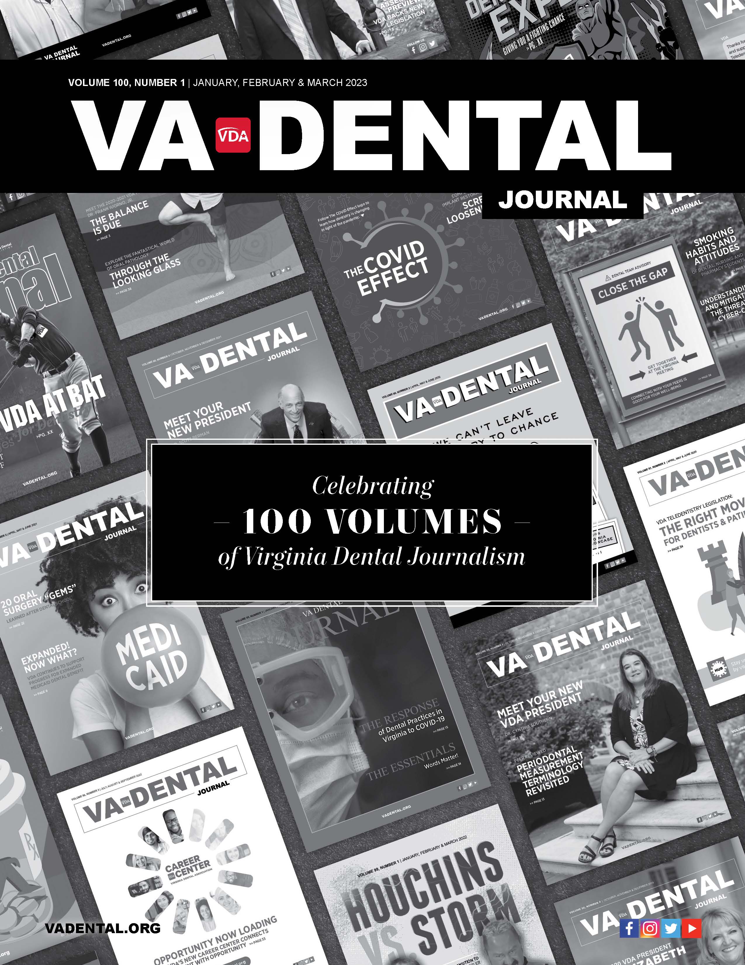 Cover of the Virginia Dental Journal with grayscale covers from many previous issues tiling the page.