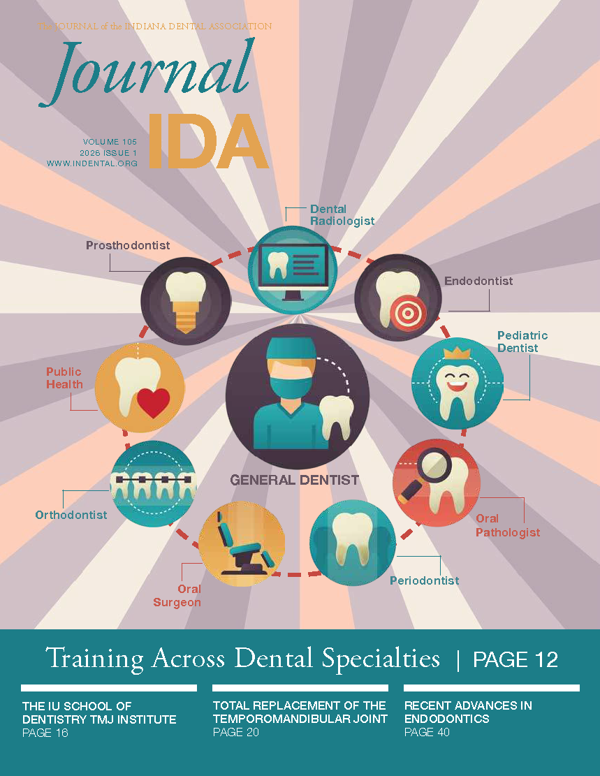 Cover art features icons which symbolize the different dental specialites. Icons include teeth, a dental chair, braces, and computer screen. These encircle an icon of a general dentist.