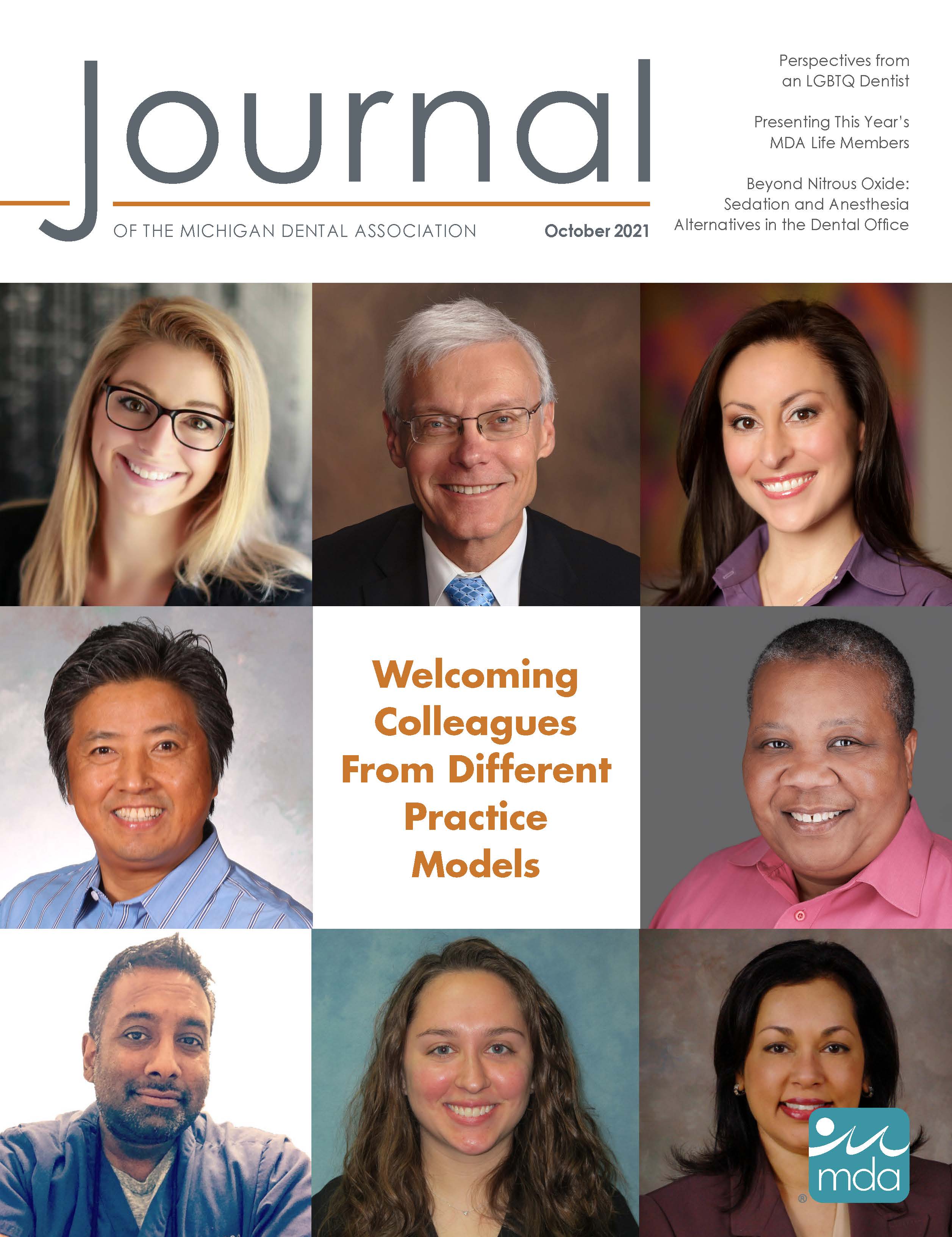 Cover of the Journal of the Michigan Dental Association with eight headshots from different dentists on different colorful backgrounds.