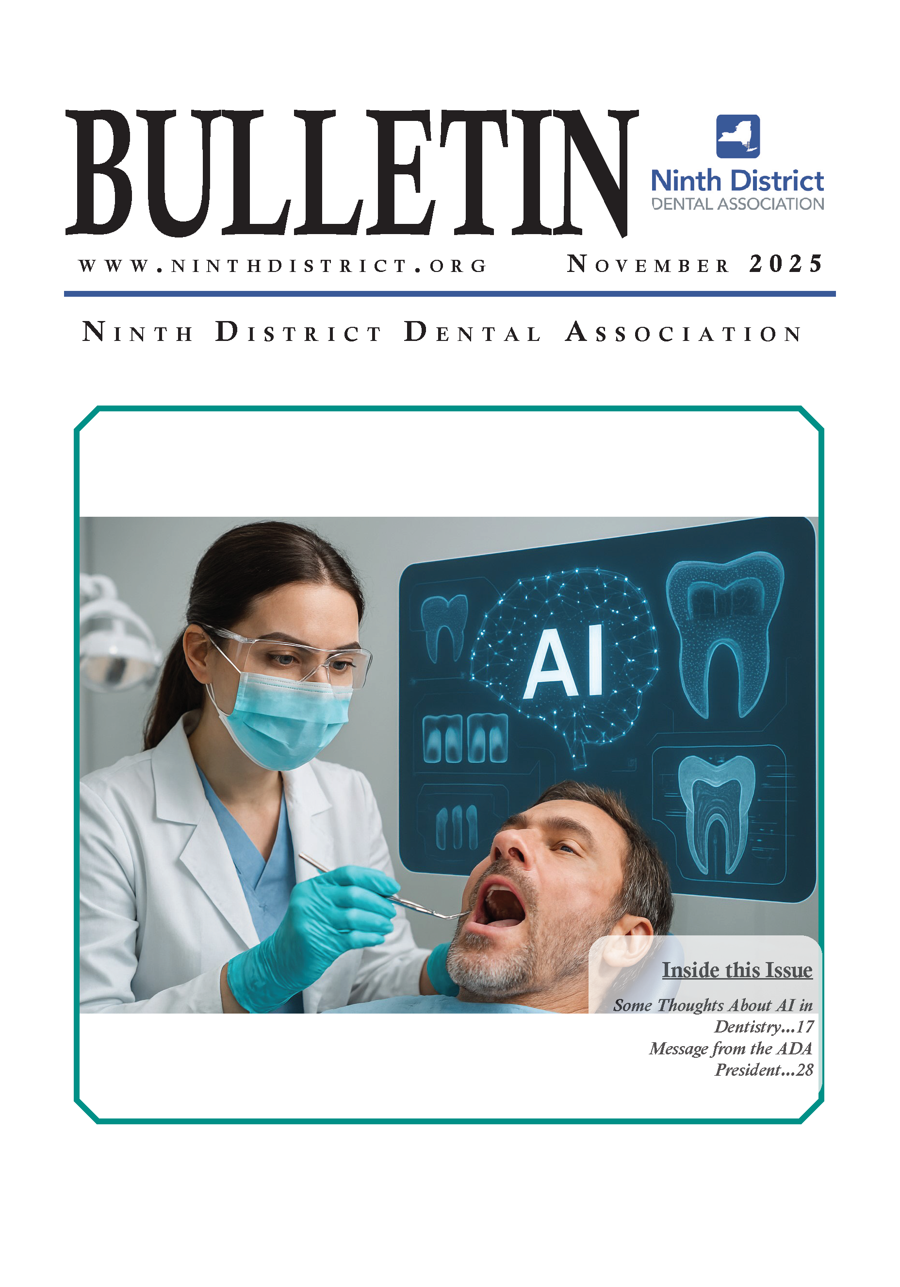 A dental professional wearing gloves holds an instrument near a patient in a clinical setting. Behind them, a large digital screen displays a glowing brain graphic labeled “AI,” surrounded by tooth illustrations and dental X-ray images, indicating the use of artificial intelligence in dentistry.