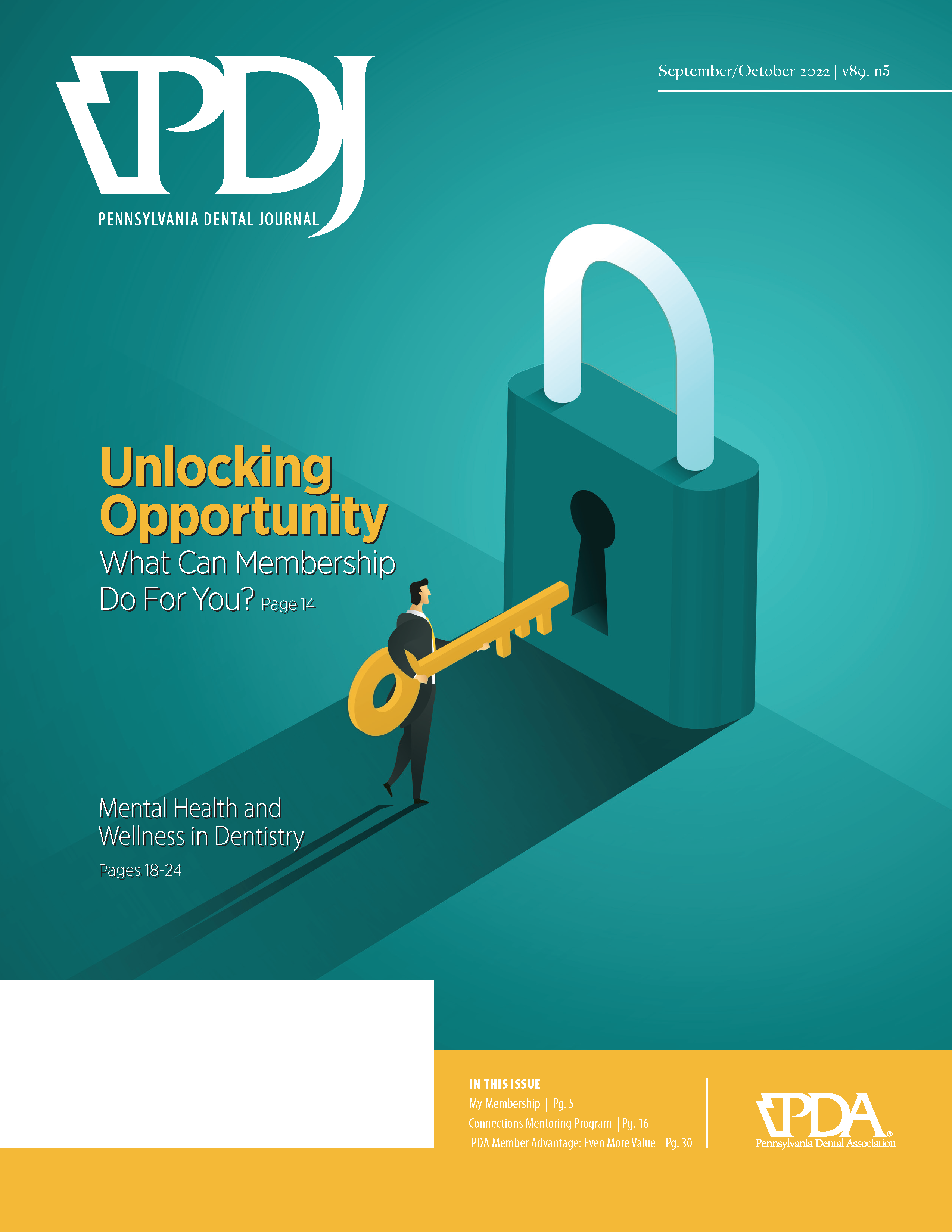Illustration of a person in a suit opening a larger than life lock with a large key