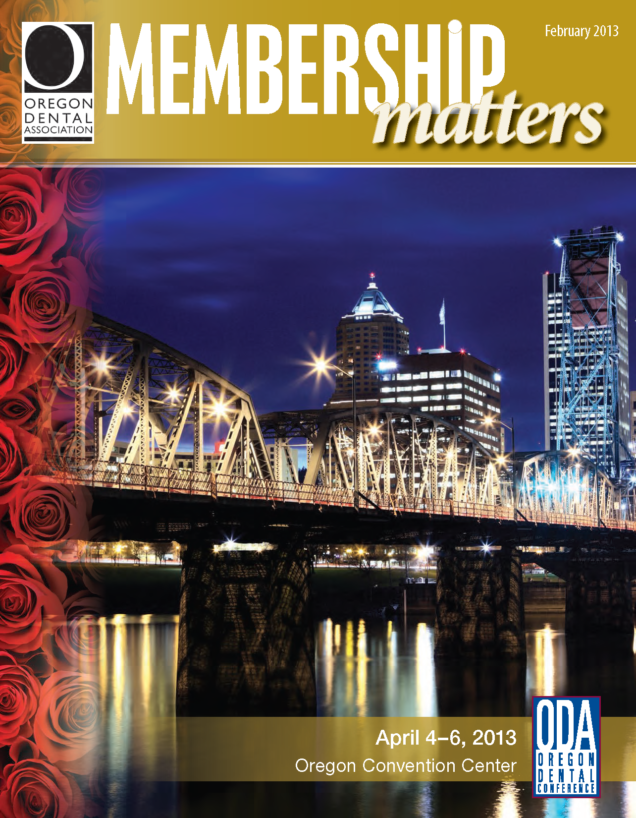 Nighttime photograph taken of the Portland, Oregon skyline and bridge over the river.