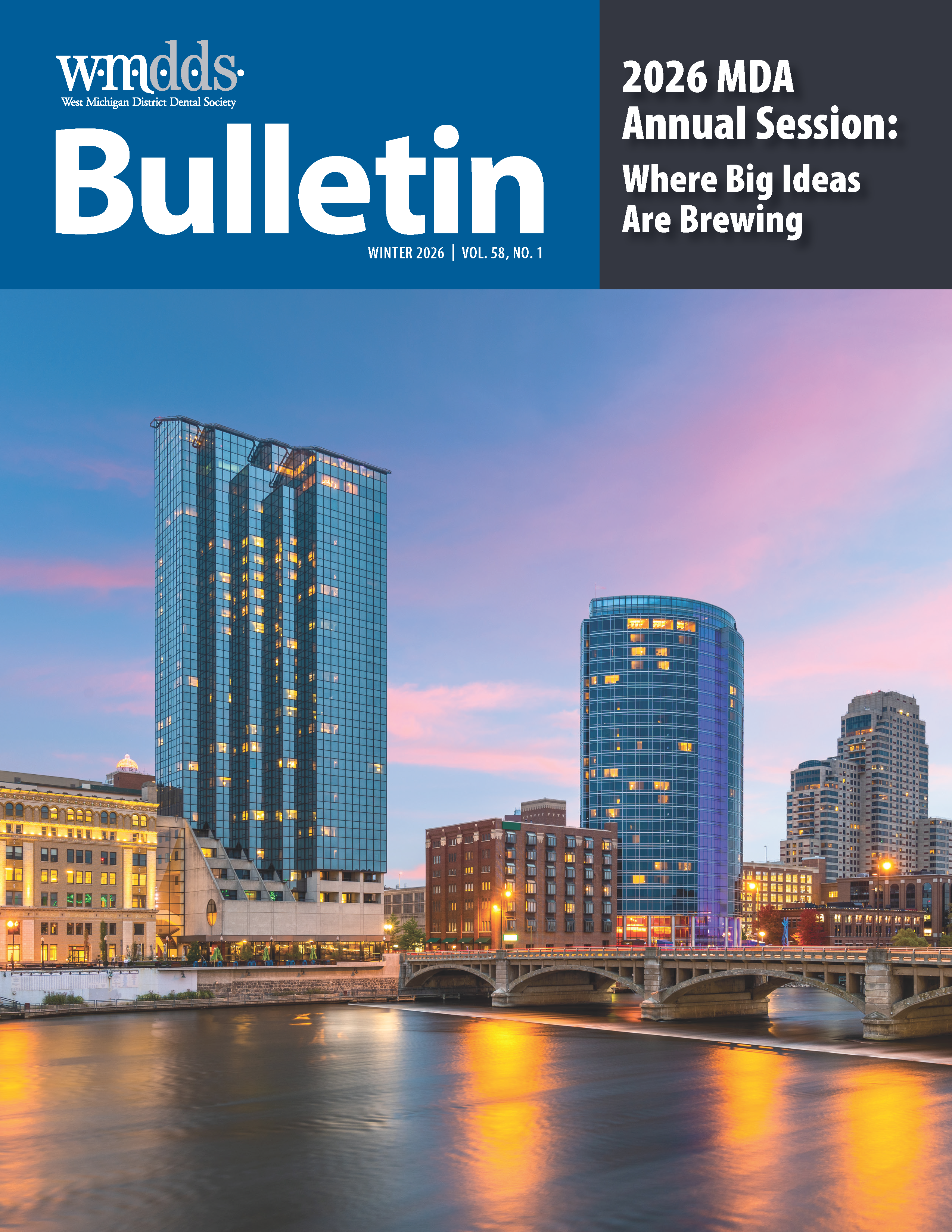 Journal cover with a decorative photo of a skyline at sunset.