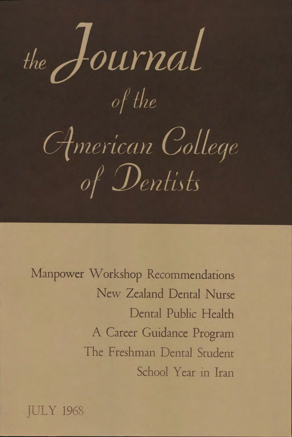 Brown JACD cover. The top half is dark brown with the journal title. The bottom half is light brown with featured headlines.