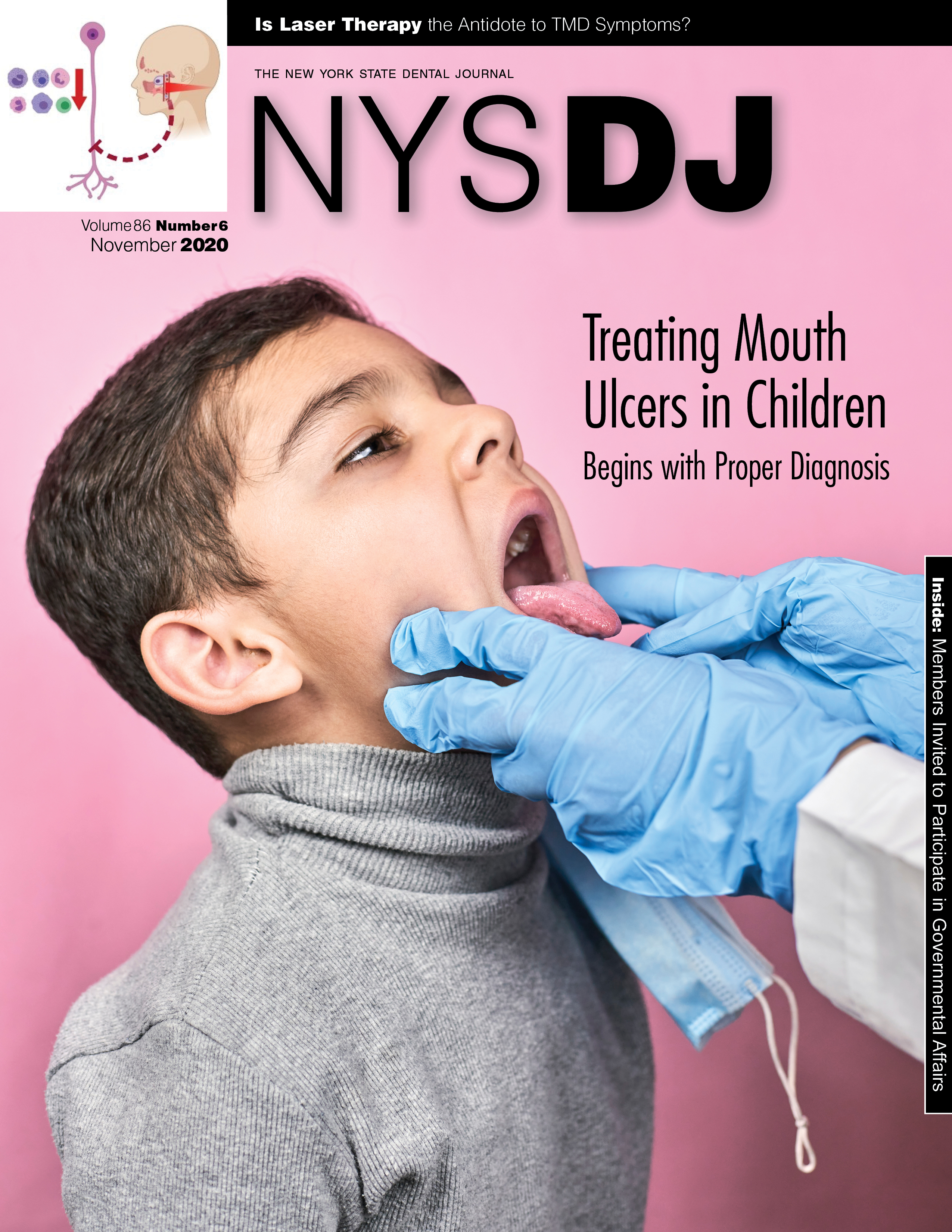 Cover of the NYSDJ with a child sticking out their tongue while gloved hands hold their jaw