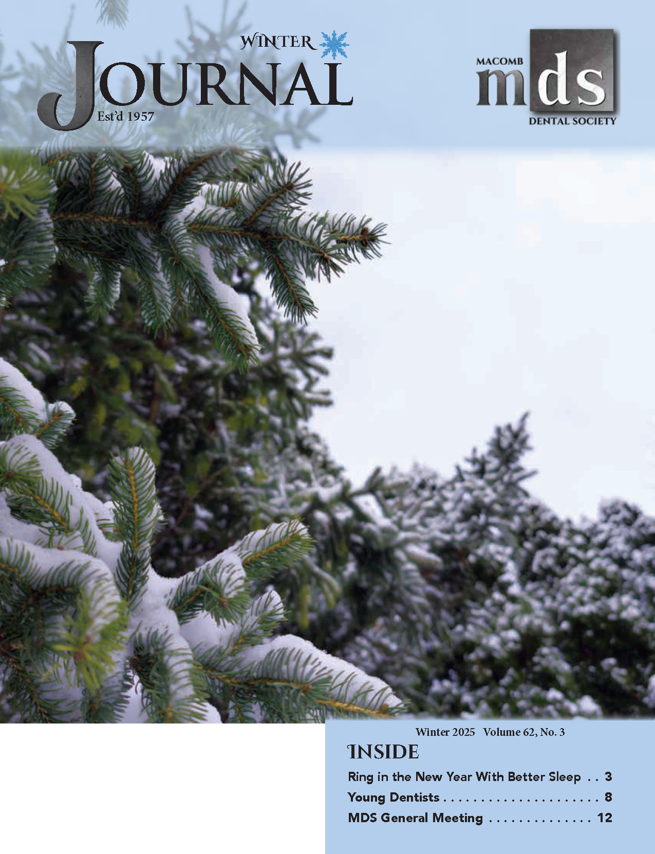 Cover photo of the first snowfall on a pine tree