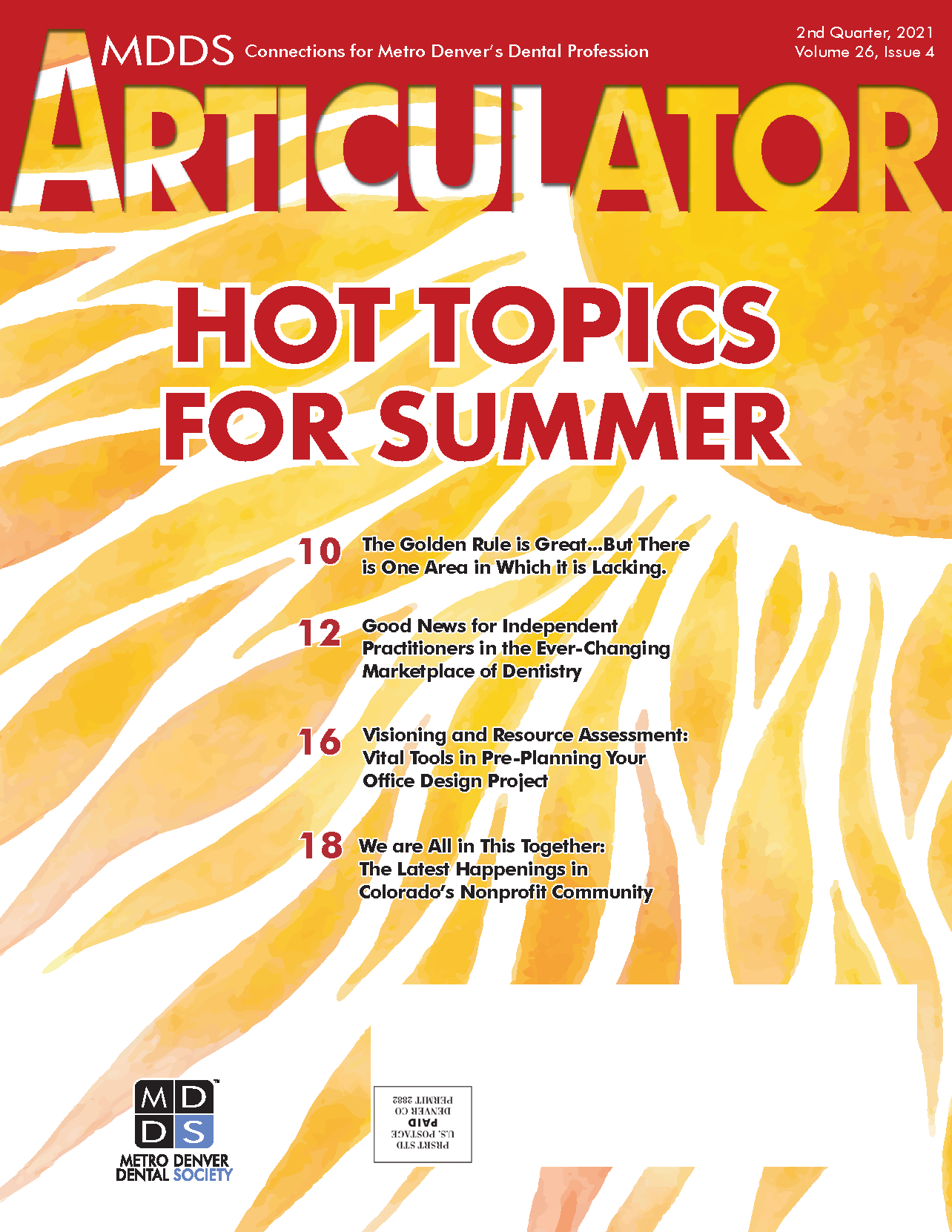 Cover of the Metro Denver Dental Society's Articulator magazine with watercolor painting of the sun.