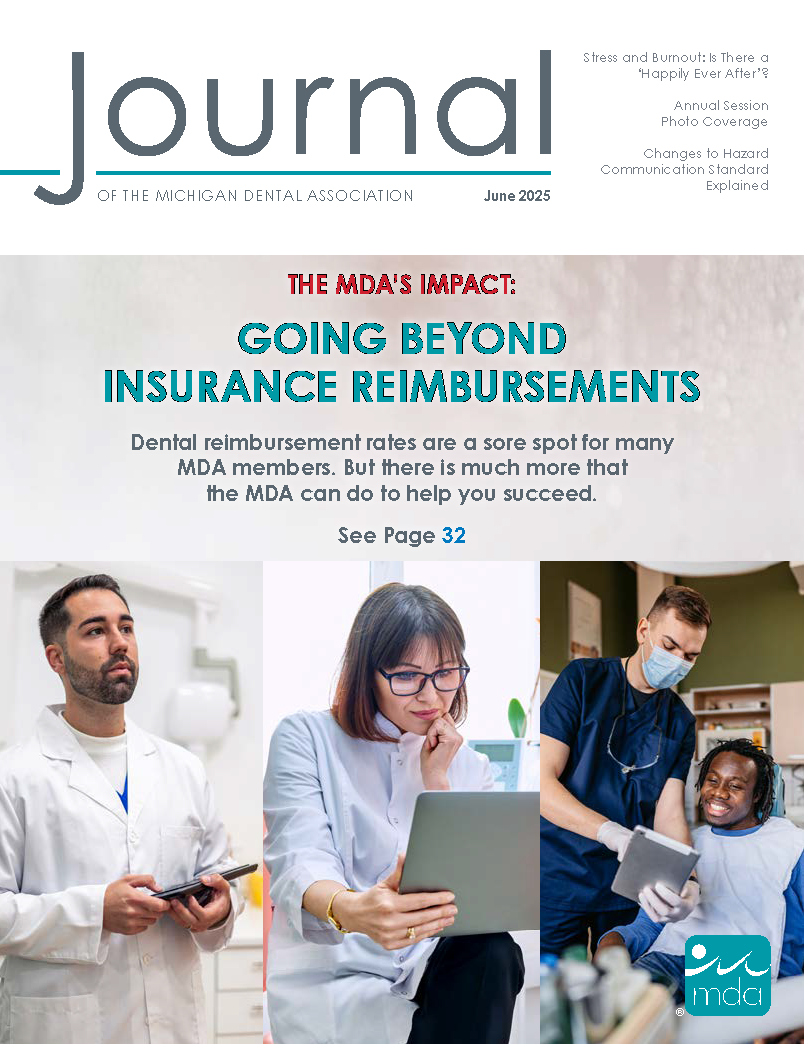 JMDA cover split in thirds by three photos: a dentist on an iPad, a dentist looking at a chart, and a dentist talking with a patient.