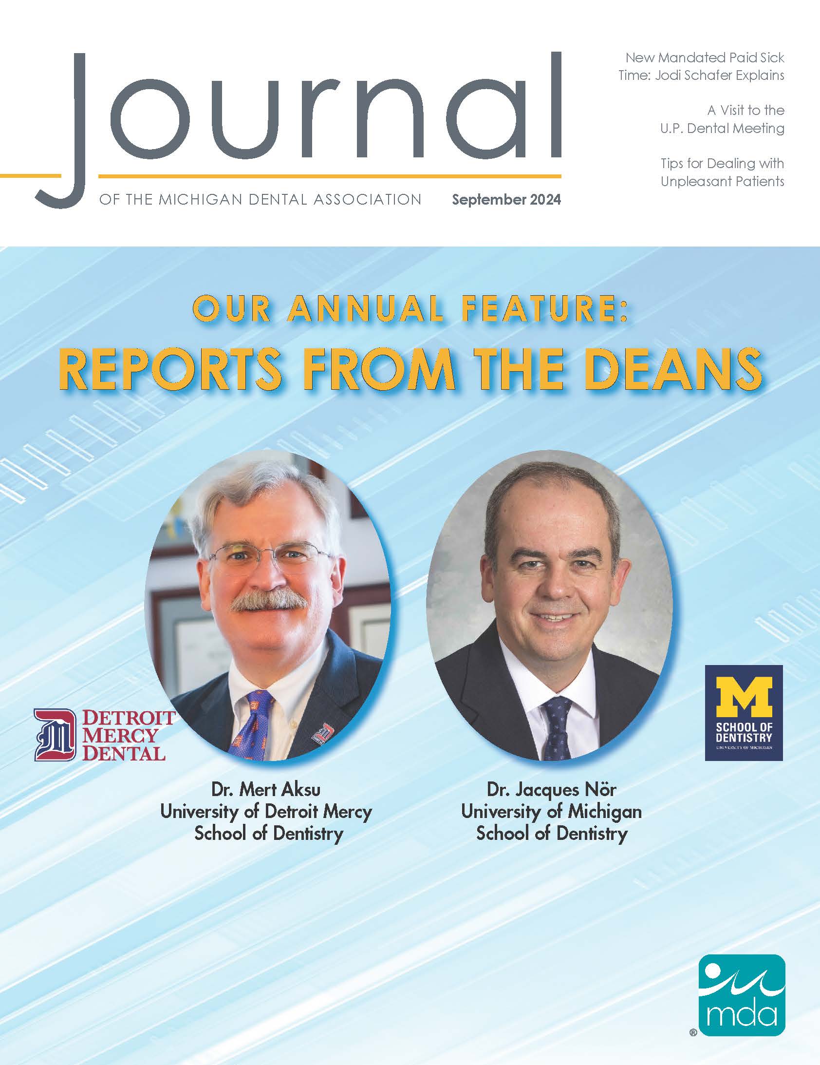 Cover of the Journal of the Michigan Dental Association with headshots of dental school deans Dr. Mert Aksu and Dr. Jacques Nör