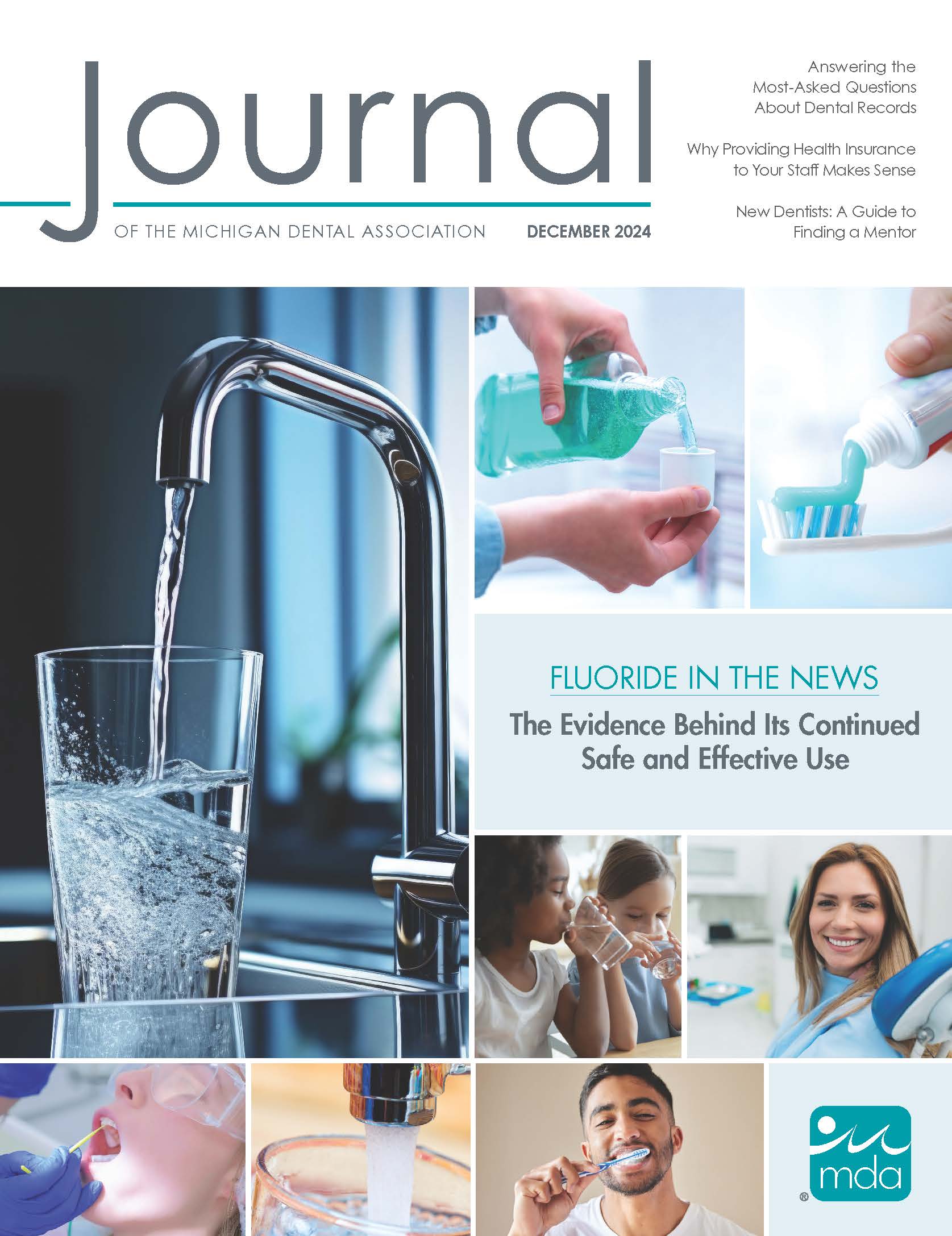 JMDA cover with photos of water faucets, people brushing teeth and receiving dental examinations, mouthwash.