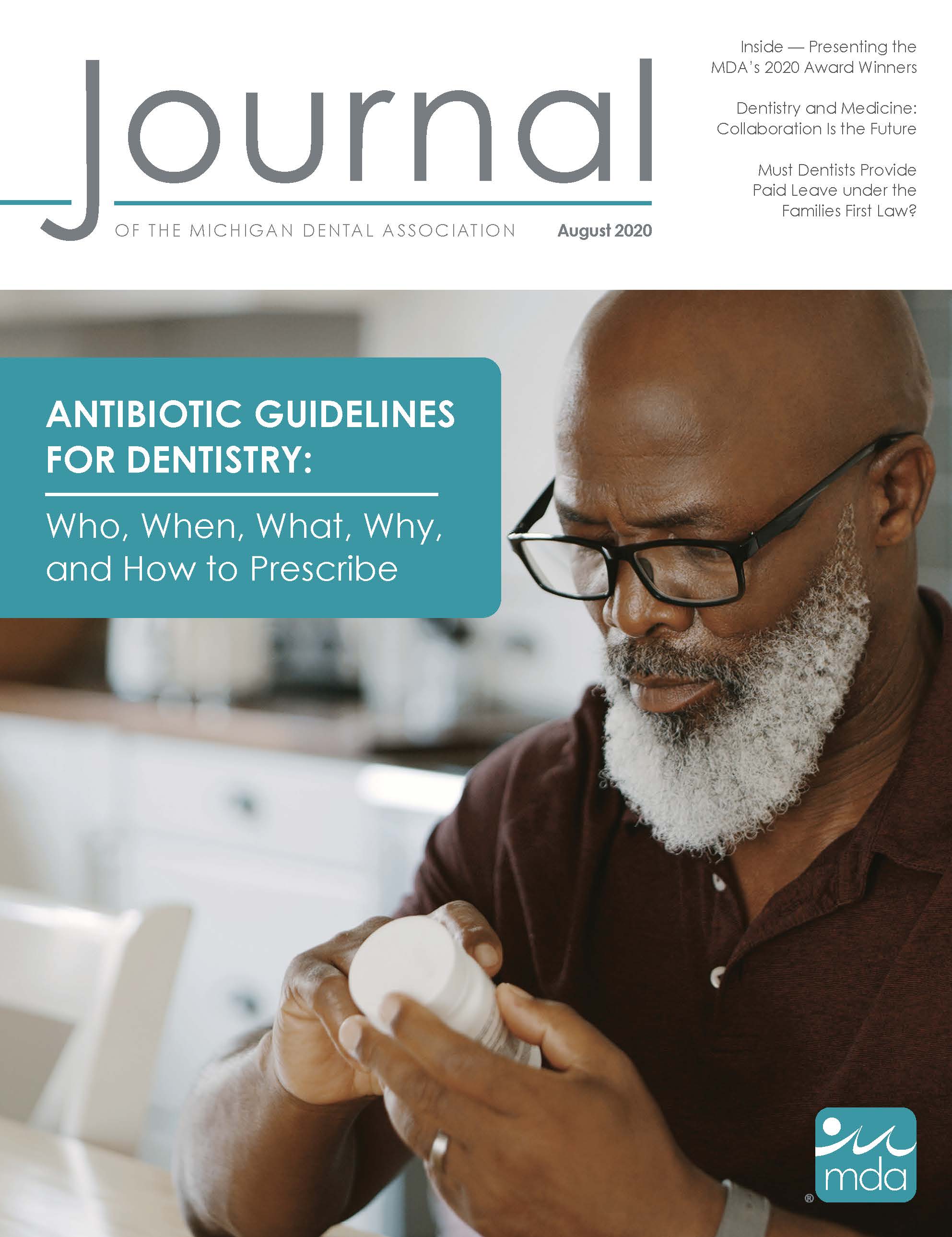 Cover of the Journal of the Michigan Dental Association with a man reading a pill bottle.