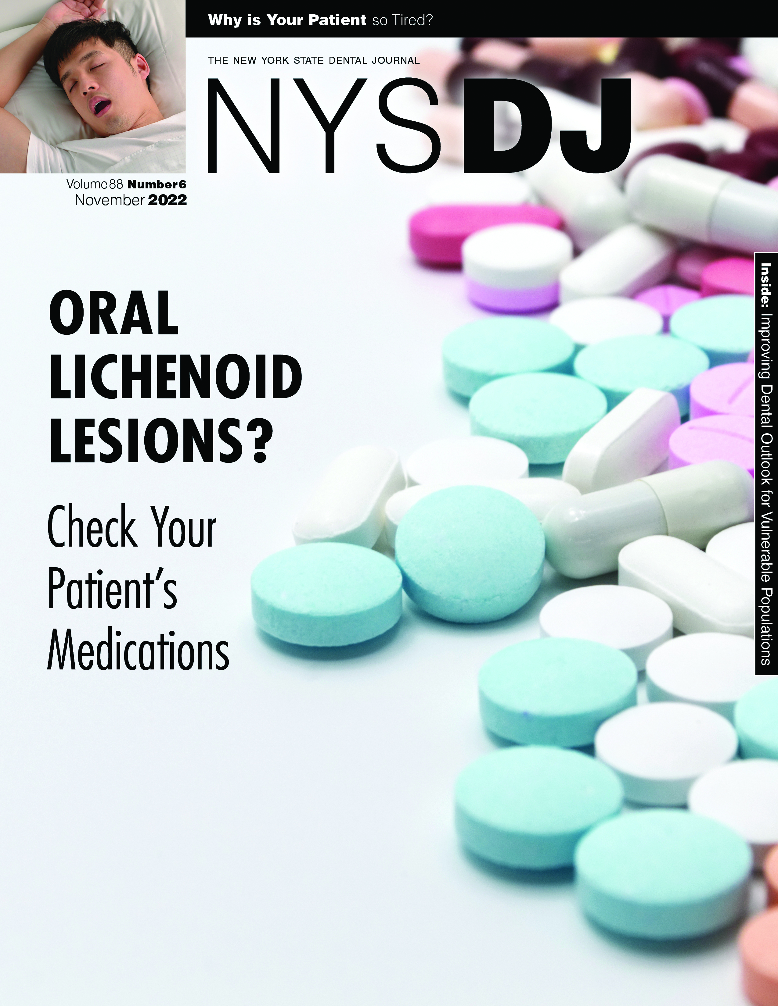 Cover of the NYSDJ with a variety of pills spread out on a table. In the corner there is a square cutout of a sleeping person.