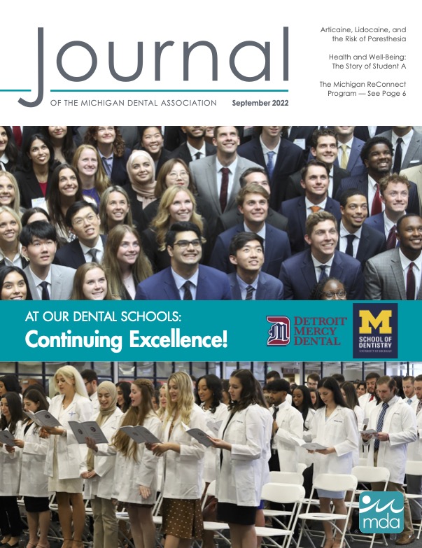 Cover of the Journal of the Michigan Dental Association. A smiling group of people in professional dress look up and out on the top half. On the bottom half a group of people in white coats stand and read from a booklet.