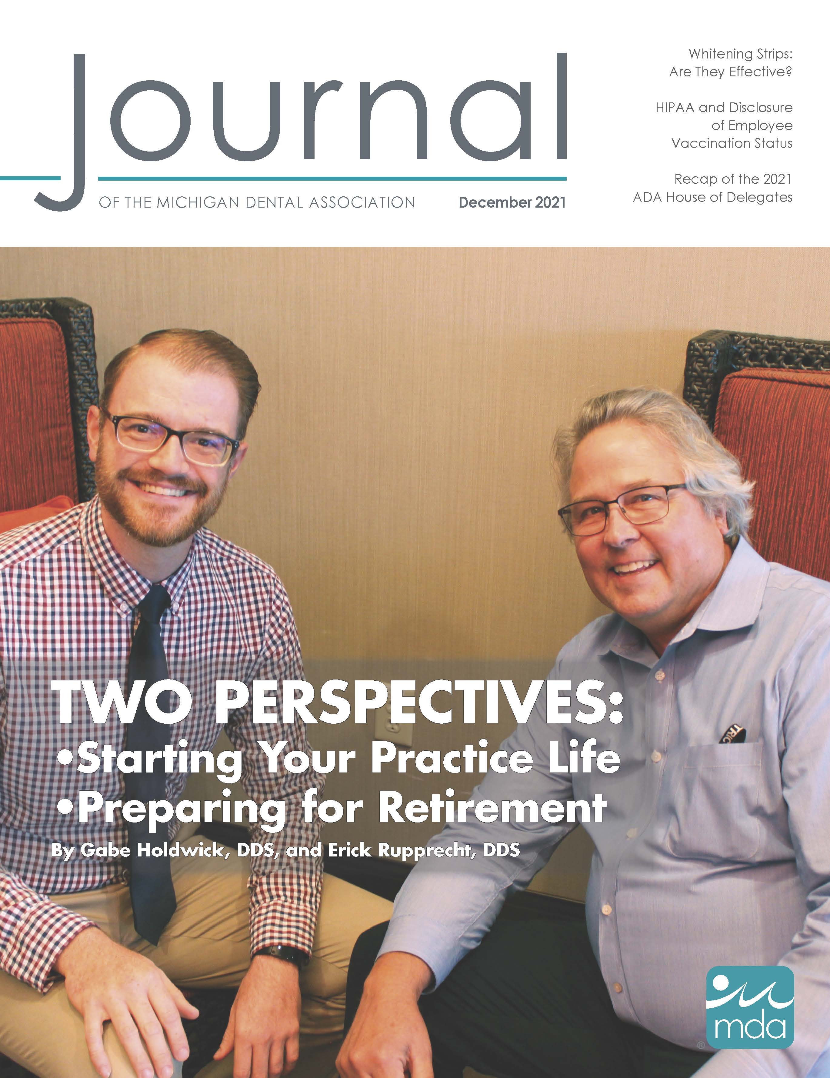 Cover of the Journal of the Michigan Dental Association featuring two dentists in business casual clothes sitting in two armchairs.