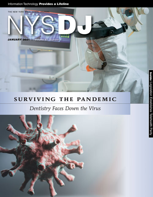 Cover of the NYSDJ with a photo of a person in full PPE with an image of the COVID-19 virus below