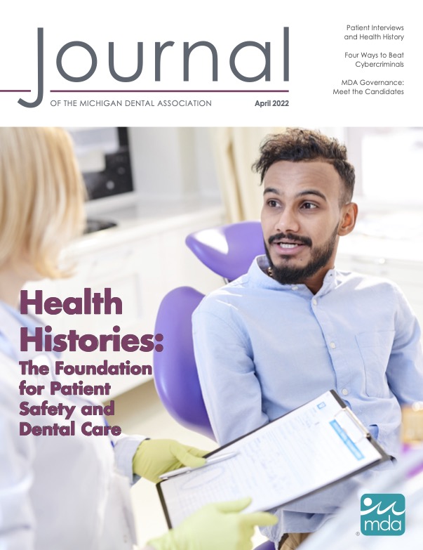 Cover of the Journal of the Michigan Dental Association with two people talking: one in a dental exam chair and another partially visible with a clipboard and white coat