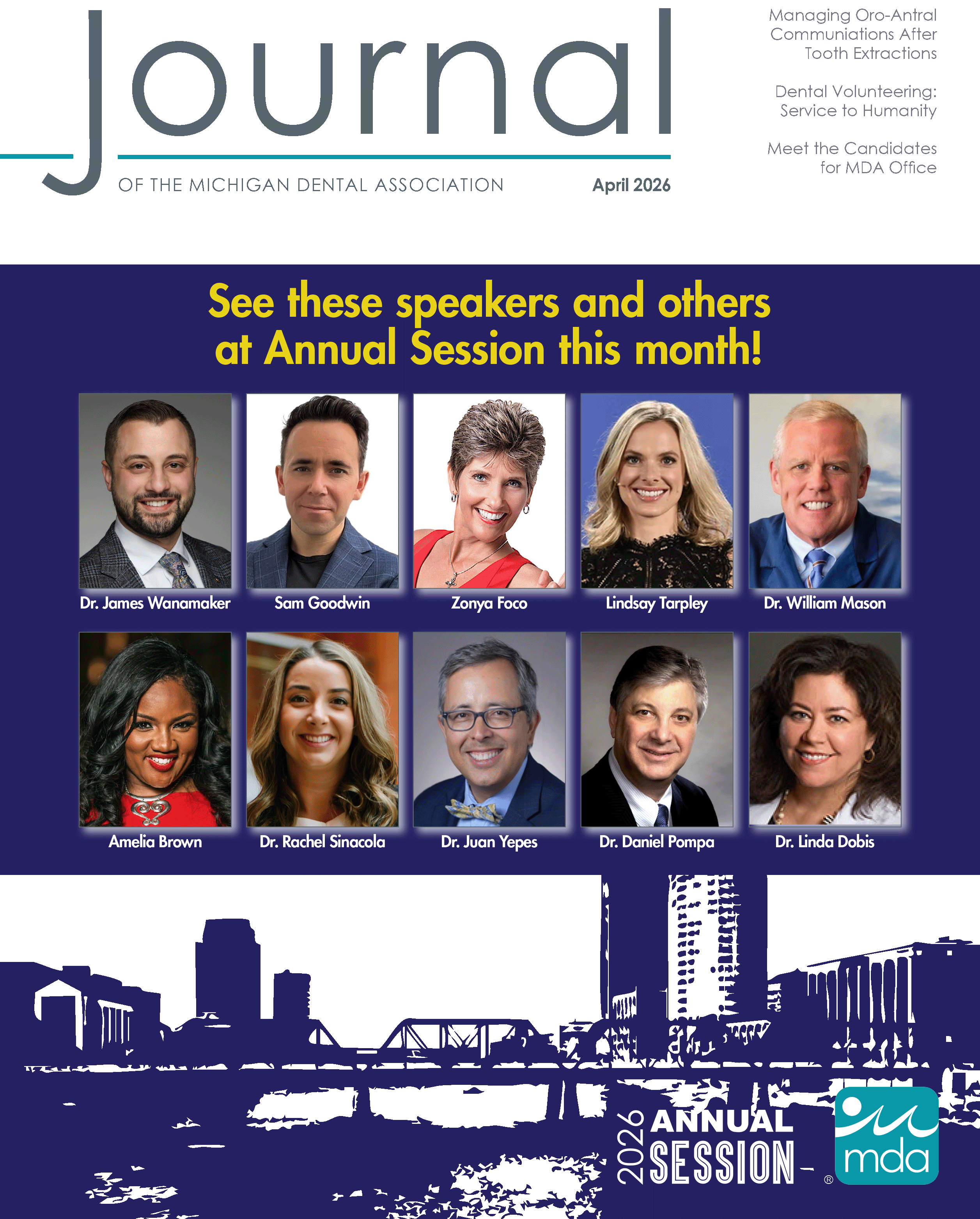 April 2026 Journal of the Michigan Dental Association Cover with photos of speakers at the upcoming Annual Session in Grand RapidsThree photos of different dental offices' staff standing with an oversized check and smiling