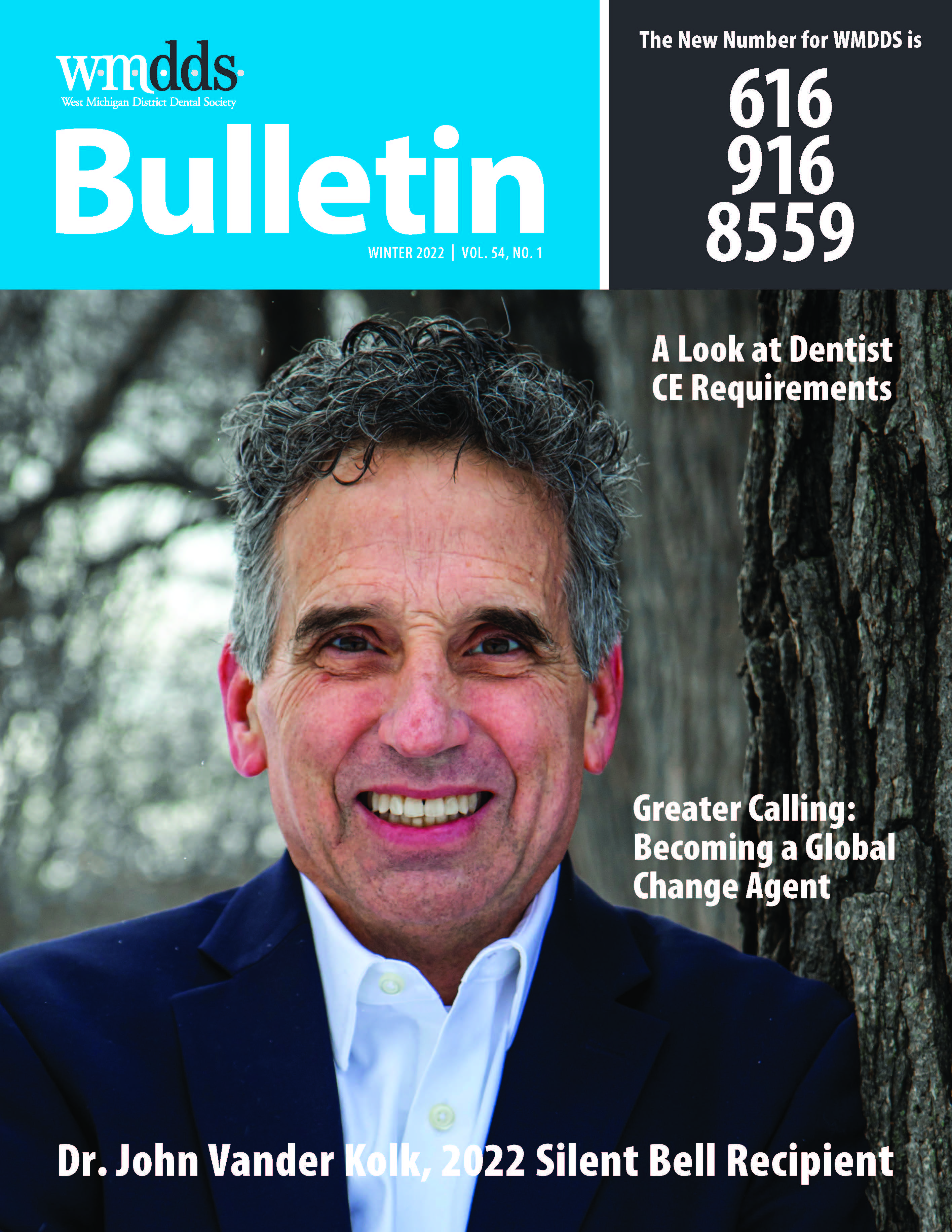 Cover of the WMDDS Bulletin with a photo of Dr. John Vander Kolk outside in the snow