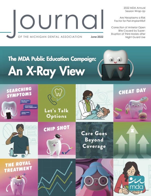 Cover of the Journal of the Michigan Dental Association with many small images of claymation teeth and 2D animated people from the MDA Public Education Campaign.
