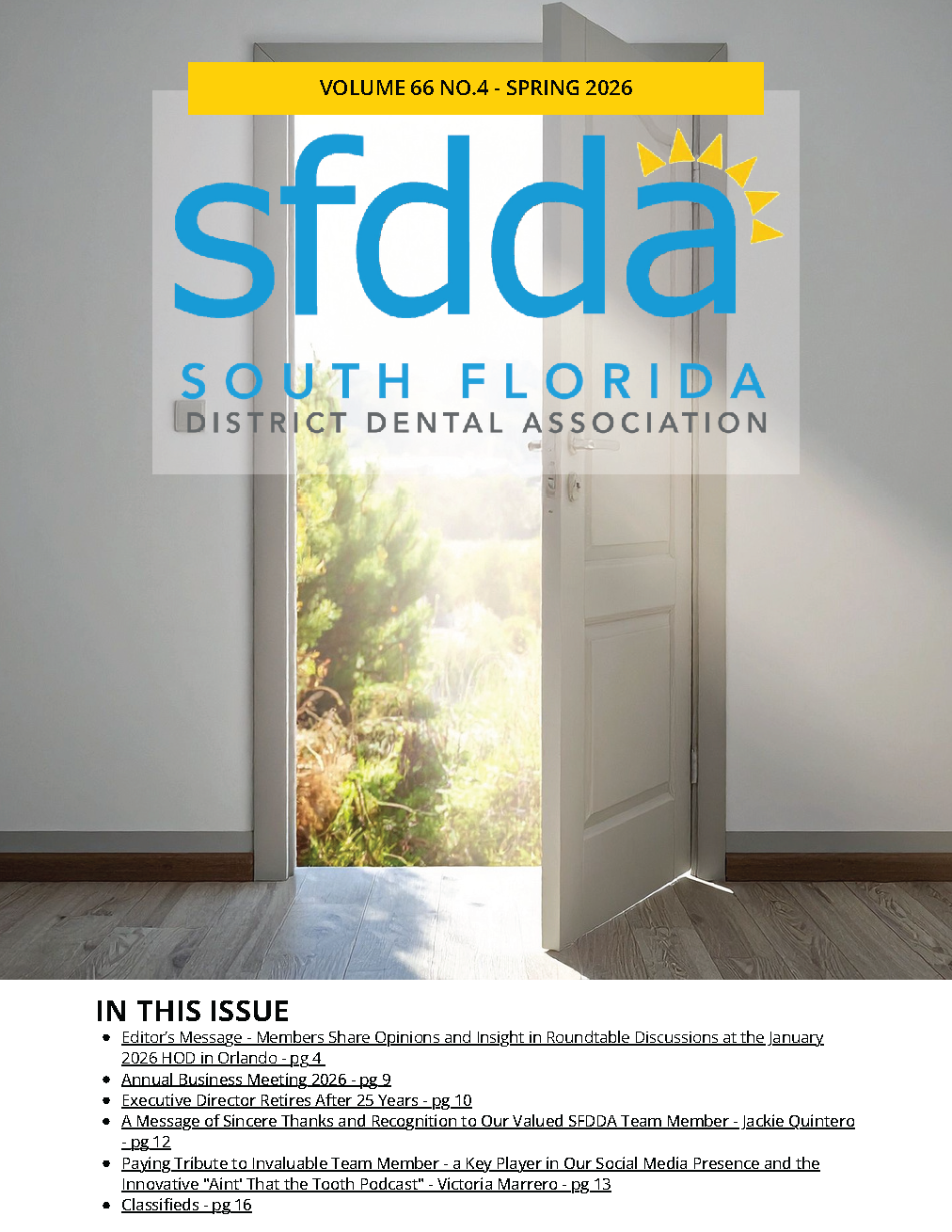 Newsletter cover with a decorative photo of a door opening to reveal a sunny day.