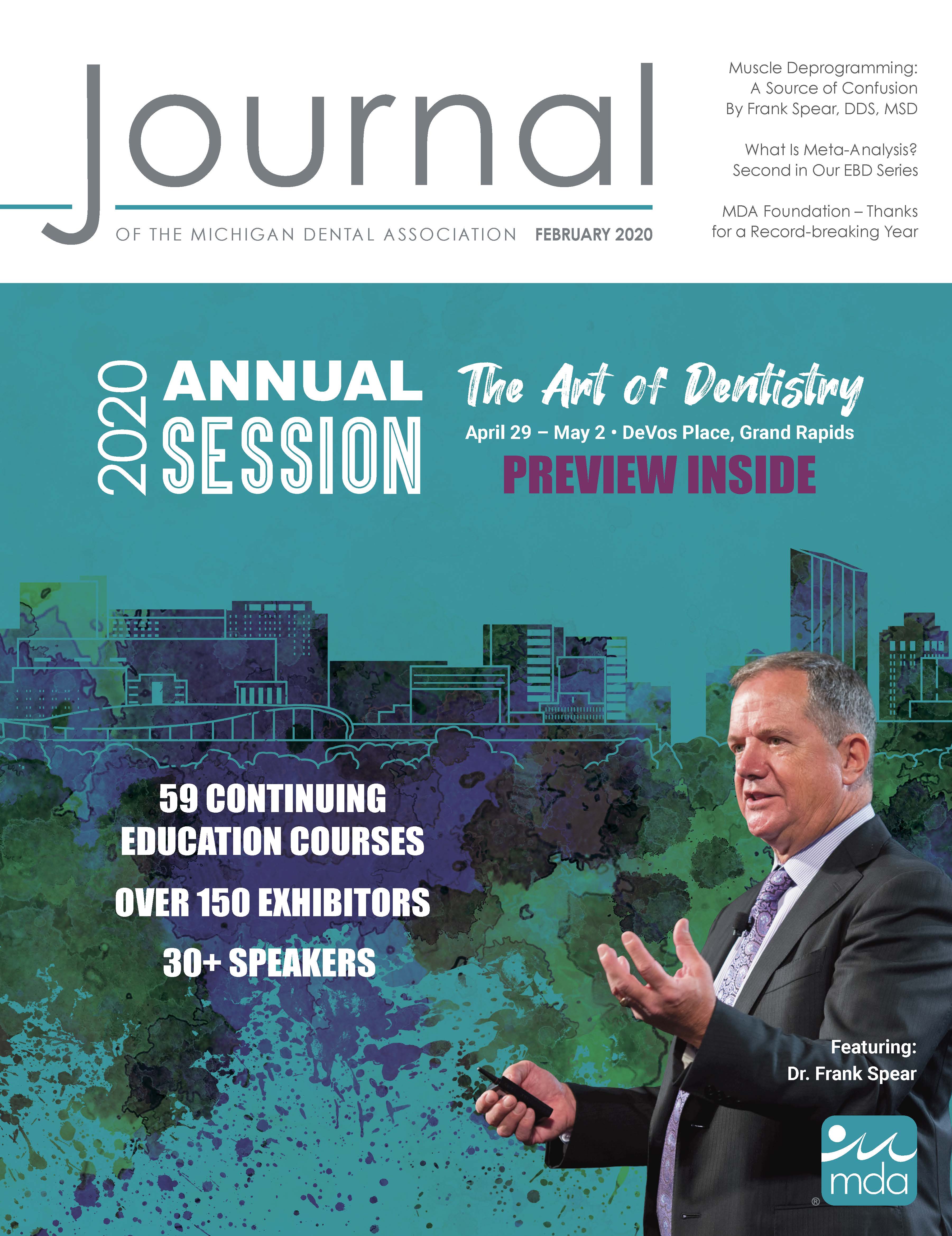 Cover of the Journal of the Michigan Dental Association with Dr. Frank Spear speaking with an illustrated city skyline background.