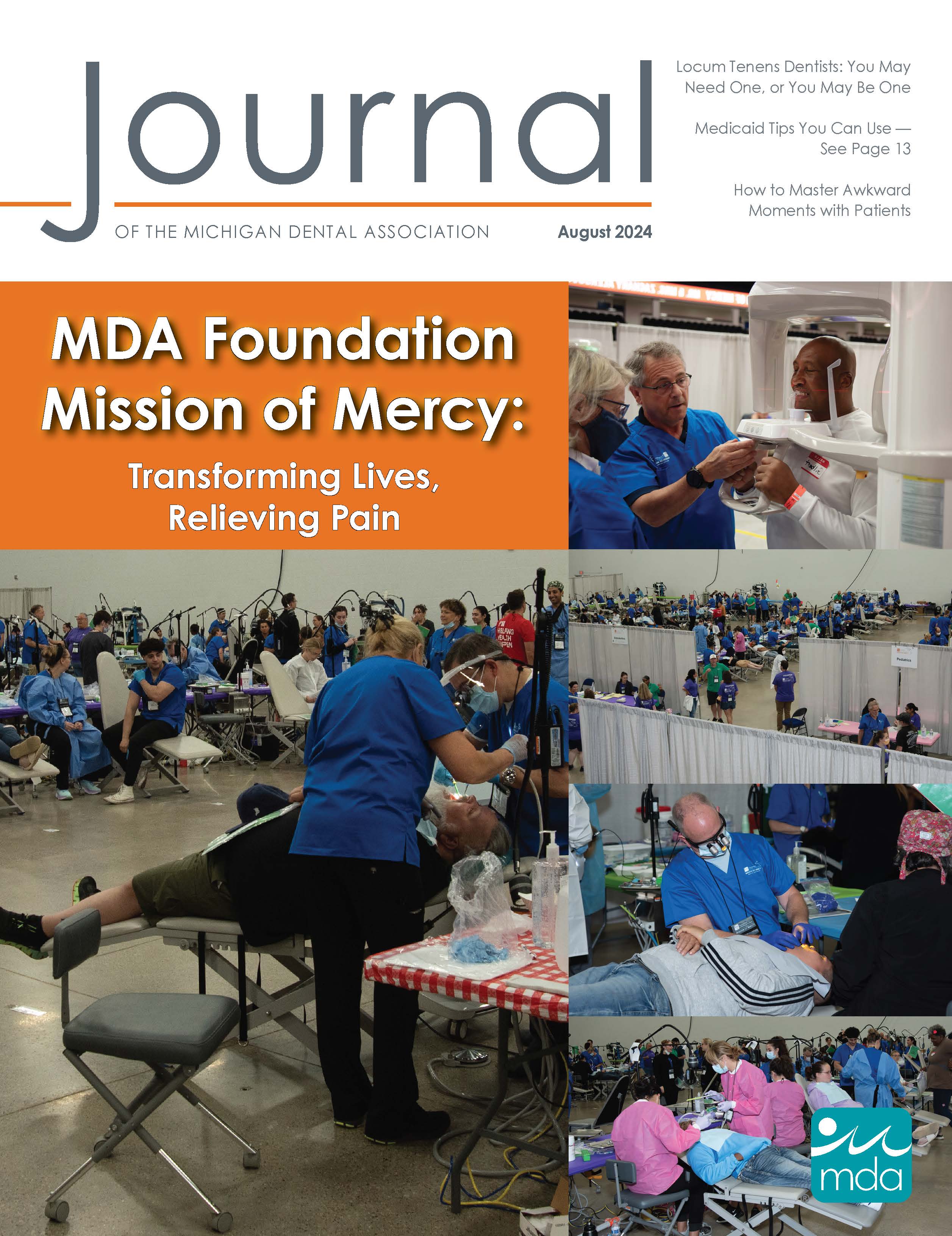 Journal of the Michigan Dental Association August 2024 cover with photos of dentists working during the 2024 Mission of Mercy event.