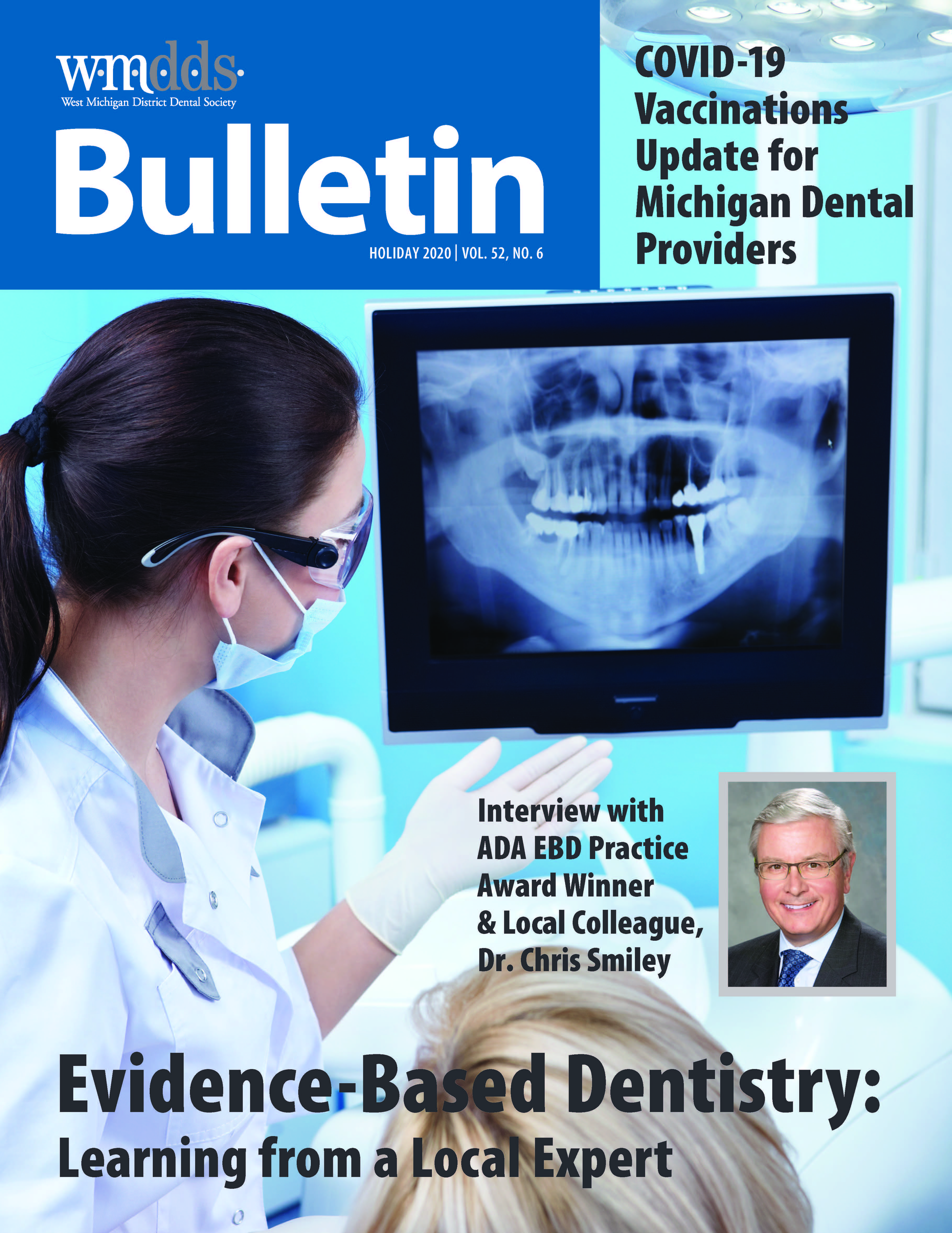 Cover of the WMDDS Bulletin featuring a photo of a dentist explaining an x-ray to a patient