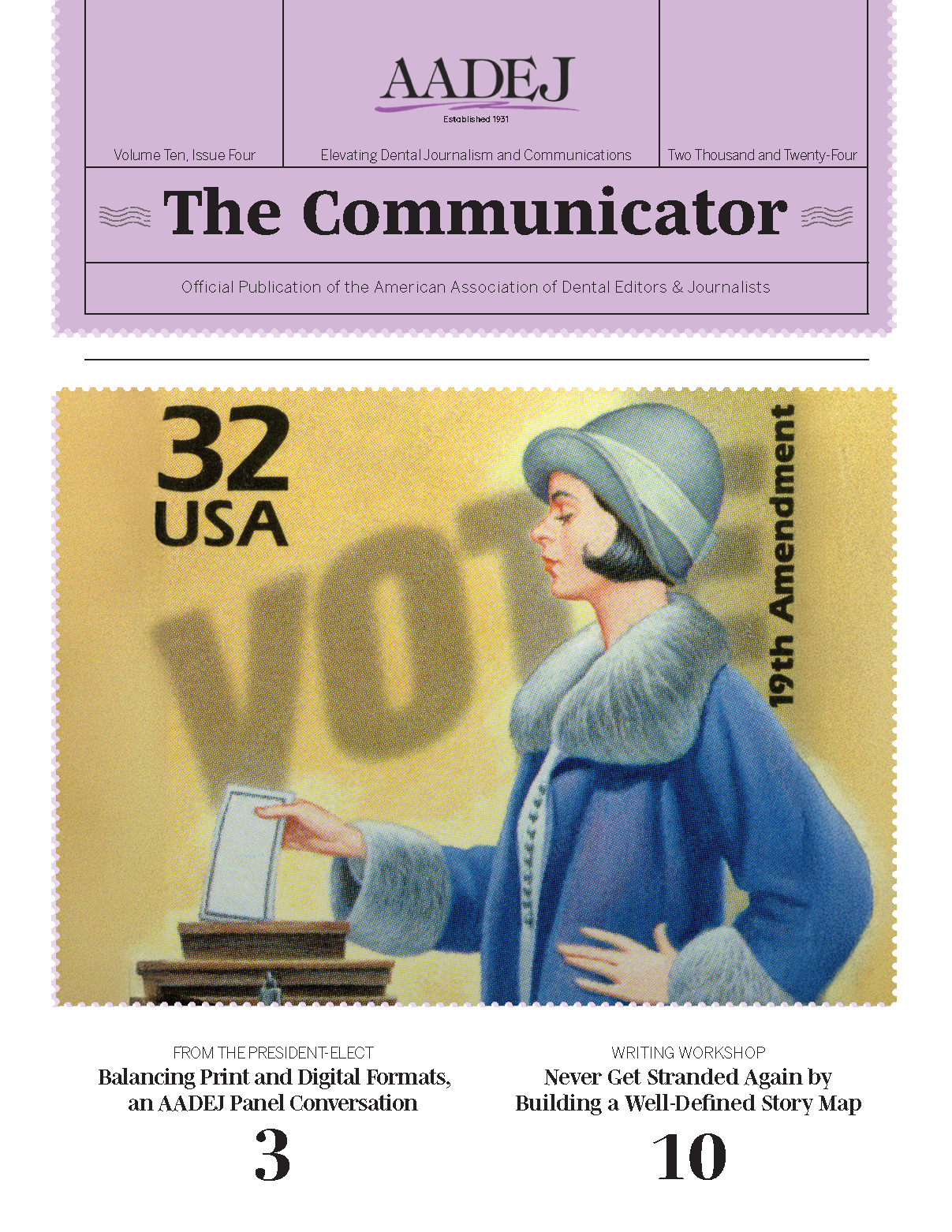 Illustrated stamp with a pale woman in 1920s dress casting a ballot. Background says Vote,19th Amendment