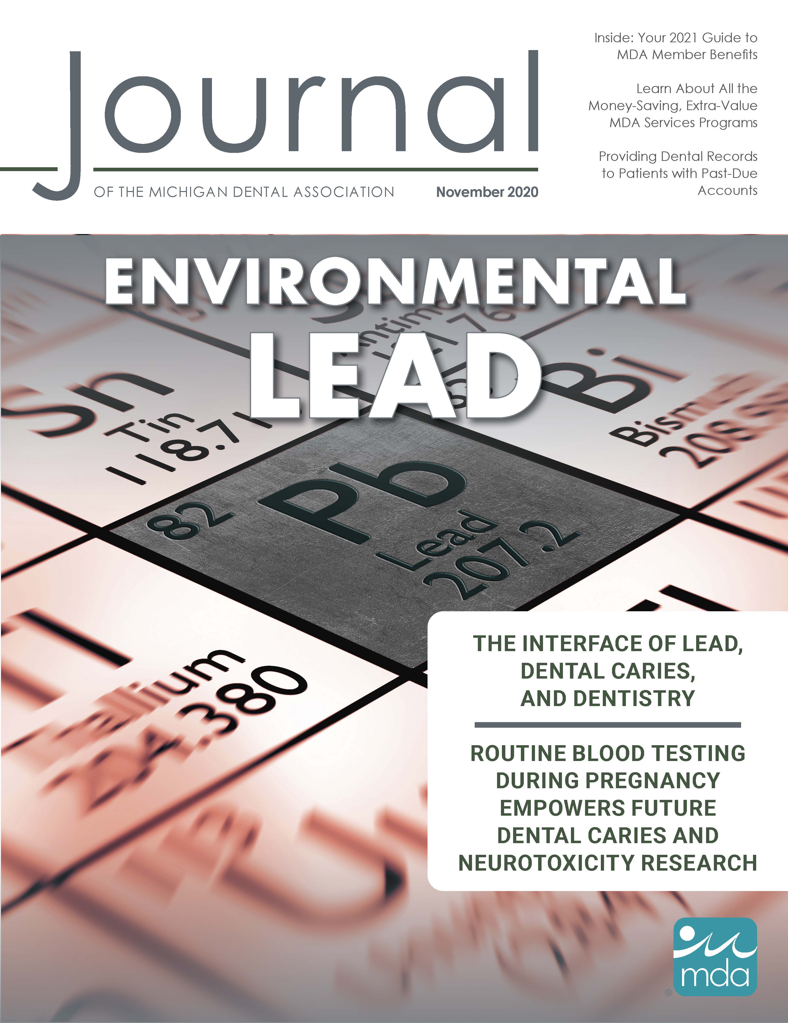 Cover of the Journal of the Michigan Dental Association with a close up of the chemical symbol for lead on the periodic table.